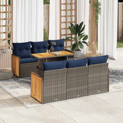 7 pcs conjunto sofás jardim almofadões vime PE/acácia cinzento