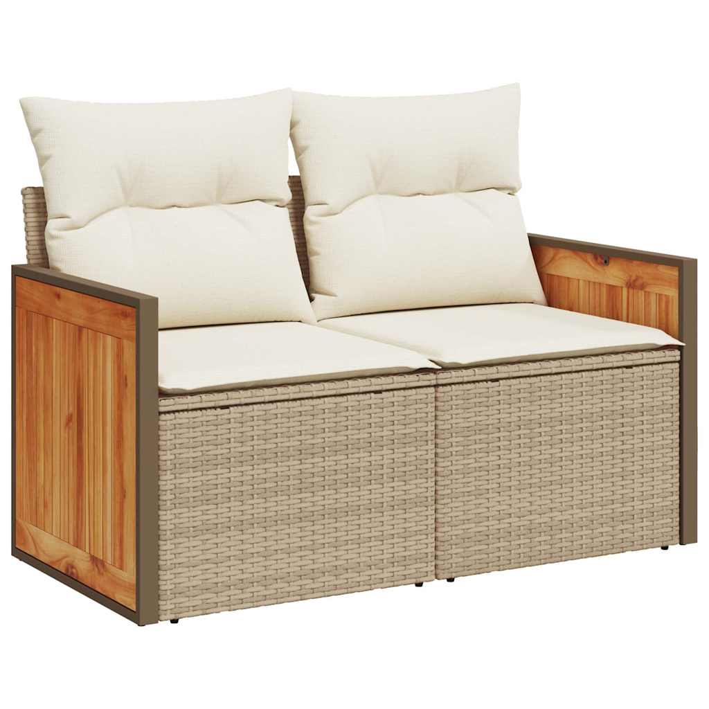 7 pcs conjunto sofás jardim com almofadões vime PE/acácia bege