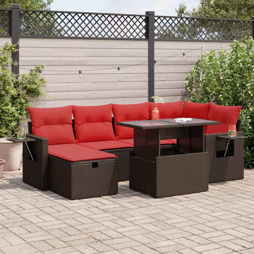 7 pcs conjunto sofás jardim c/ almofadões vime PE/acácia castanho