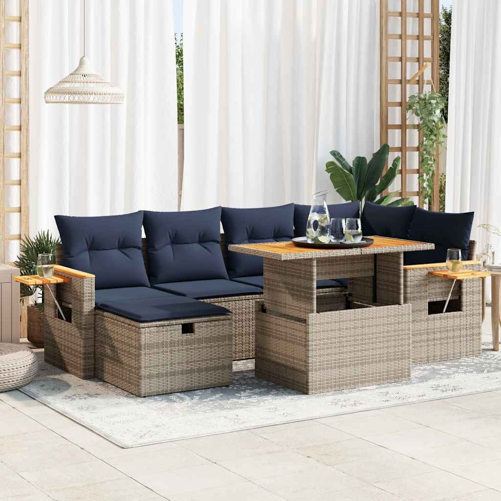 7 pcs conjunto sofás jardim c/ almofadões vime PE/acácia cinzento