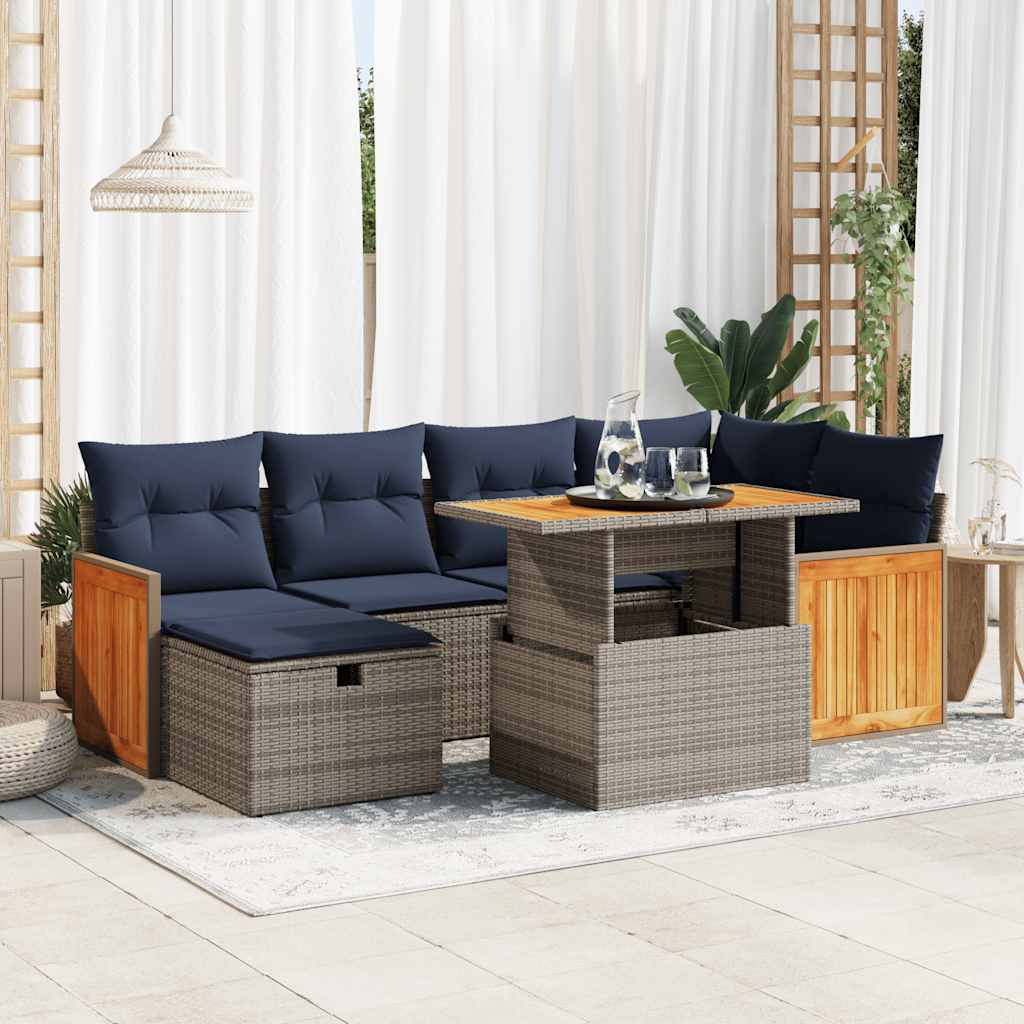 7 pcs conjunto sofás jardim c/ almofadões vime PE/acácia cinzento