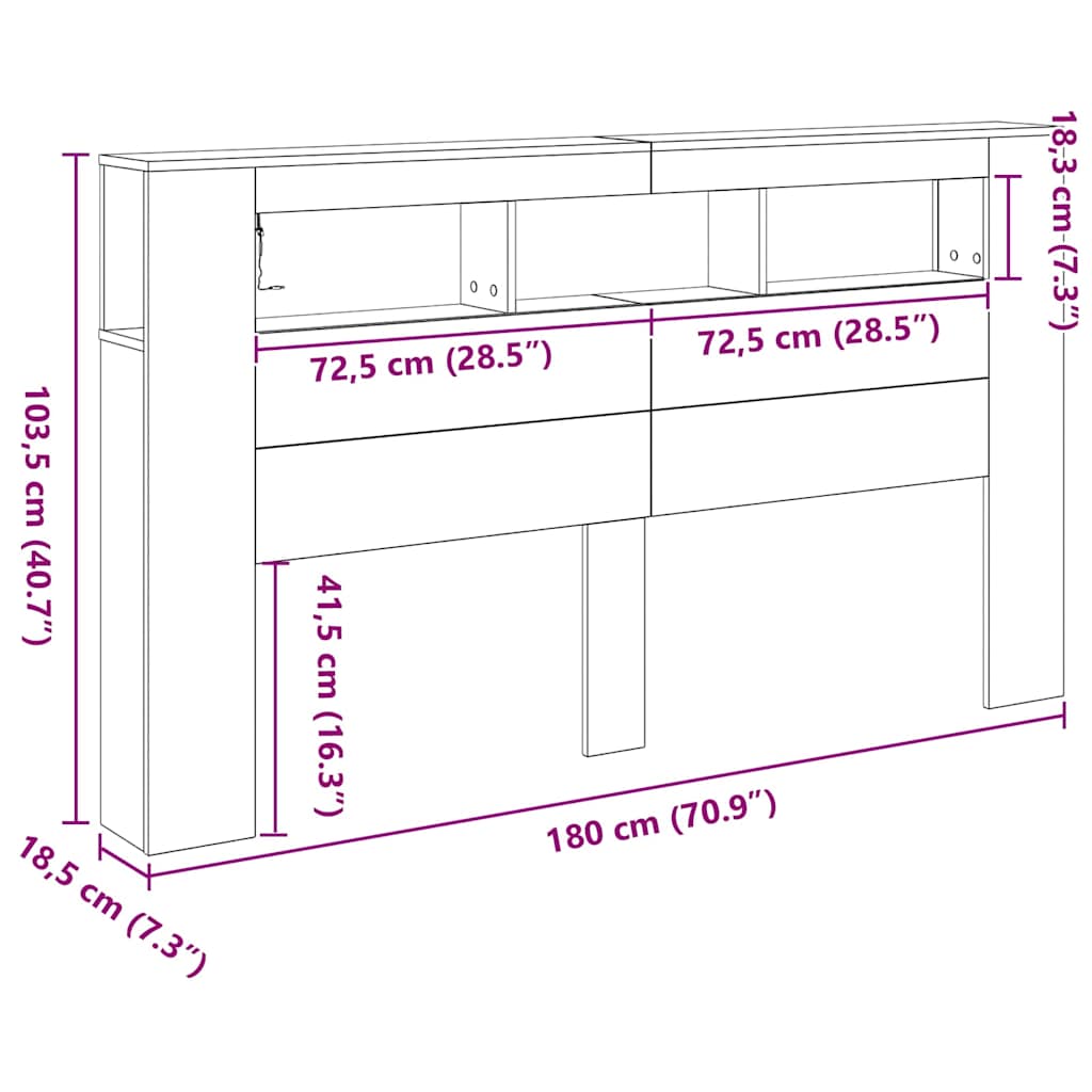 Cabeceira LED Carvalho preto 180 x 18.5 x 103.5 cm