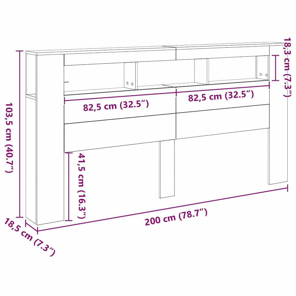 Cabeceira LED Carvalho preto 200 x 18.5 x 103.5 cm