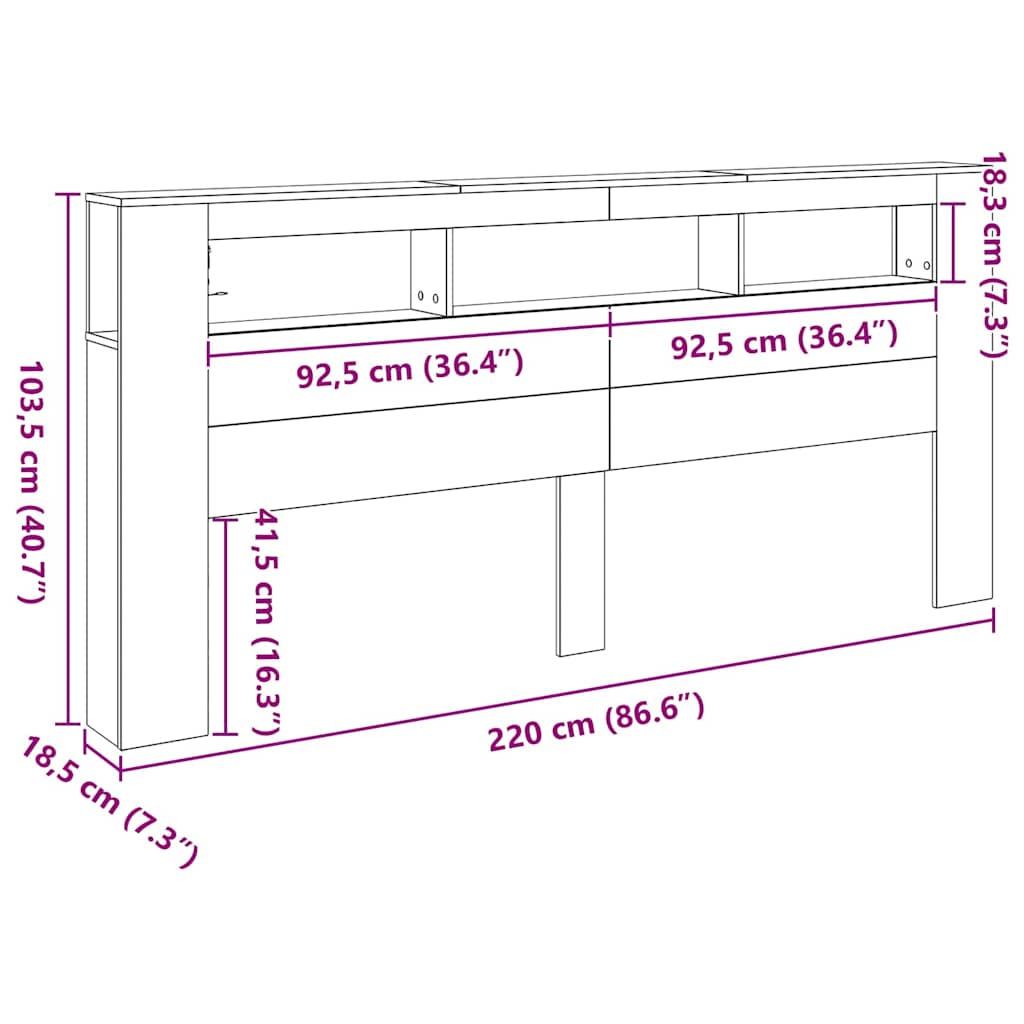 Cabeceira LED Carvalho preto 220 x 18.5 x 103.5 cm