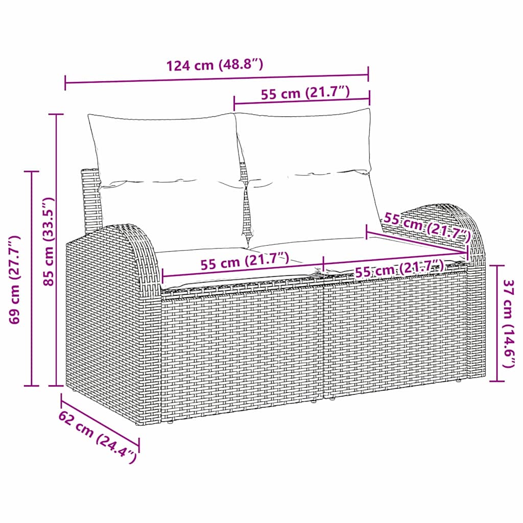 Sofá de jardim com almofada Bege 124 x 62 x 69cm vime PE