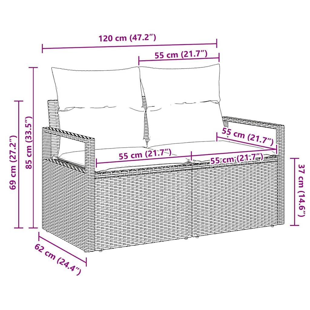 Sofá de jardim com almofada Bege 120 x 62 x 69cm vime PE