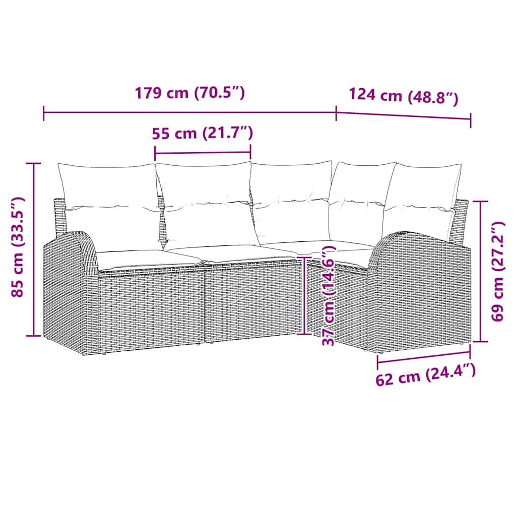 Conjunto de Sofá de Jardim 4 pcs Cinzeto Rattan Sintético