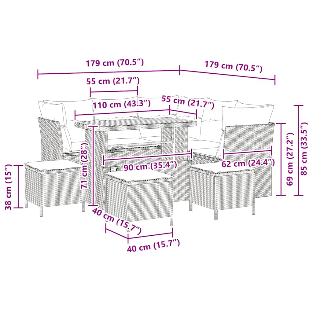 Conjunto de Sofá de Jardim 9 pcs Cinzeto 110 x 55 x 71 cm