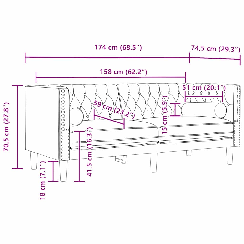 Sofá Chesterfield Cinzento escuro 174 x 74,5 x 70,5 cm Veludo