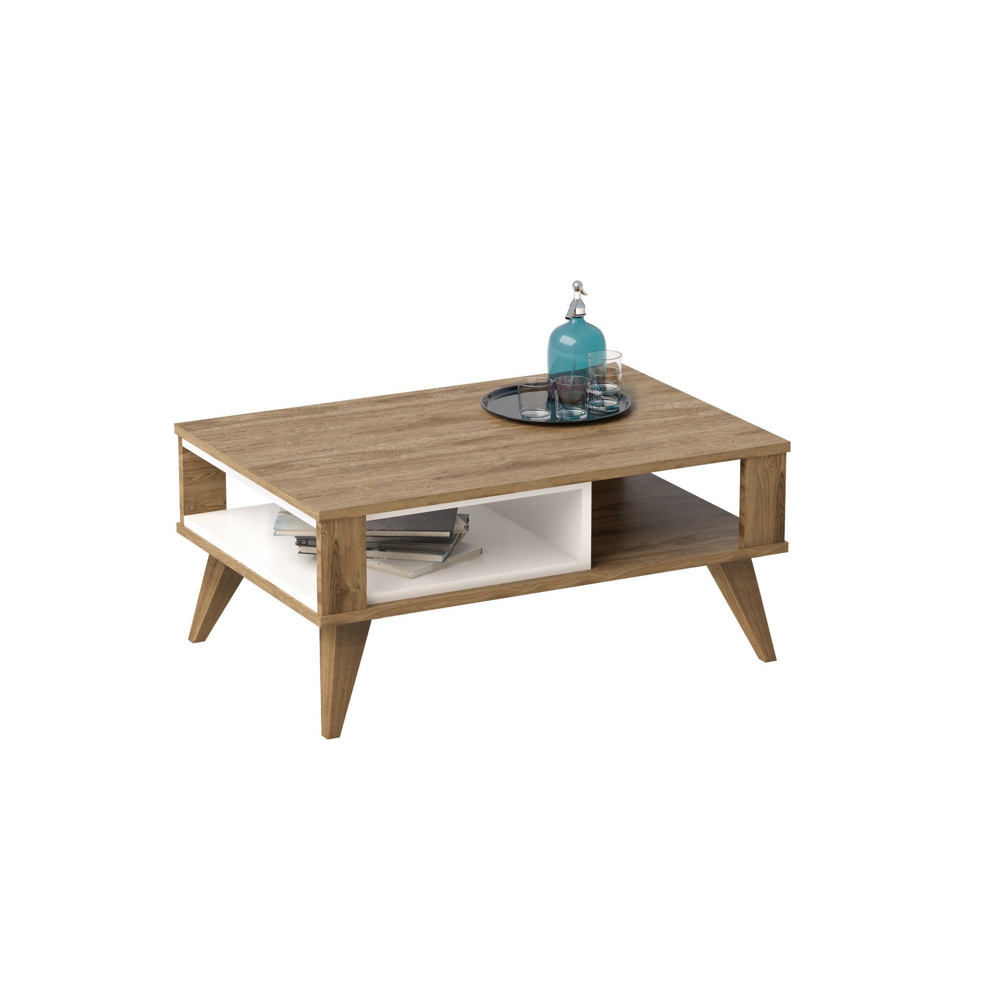 Mesa de Centro Moderna – 90 x 60 x 40 cm – Carvalho e Branco – Painel de Partículas Revestido em Melamina