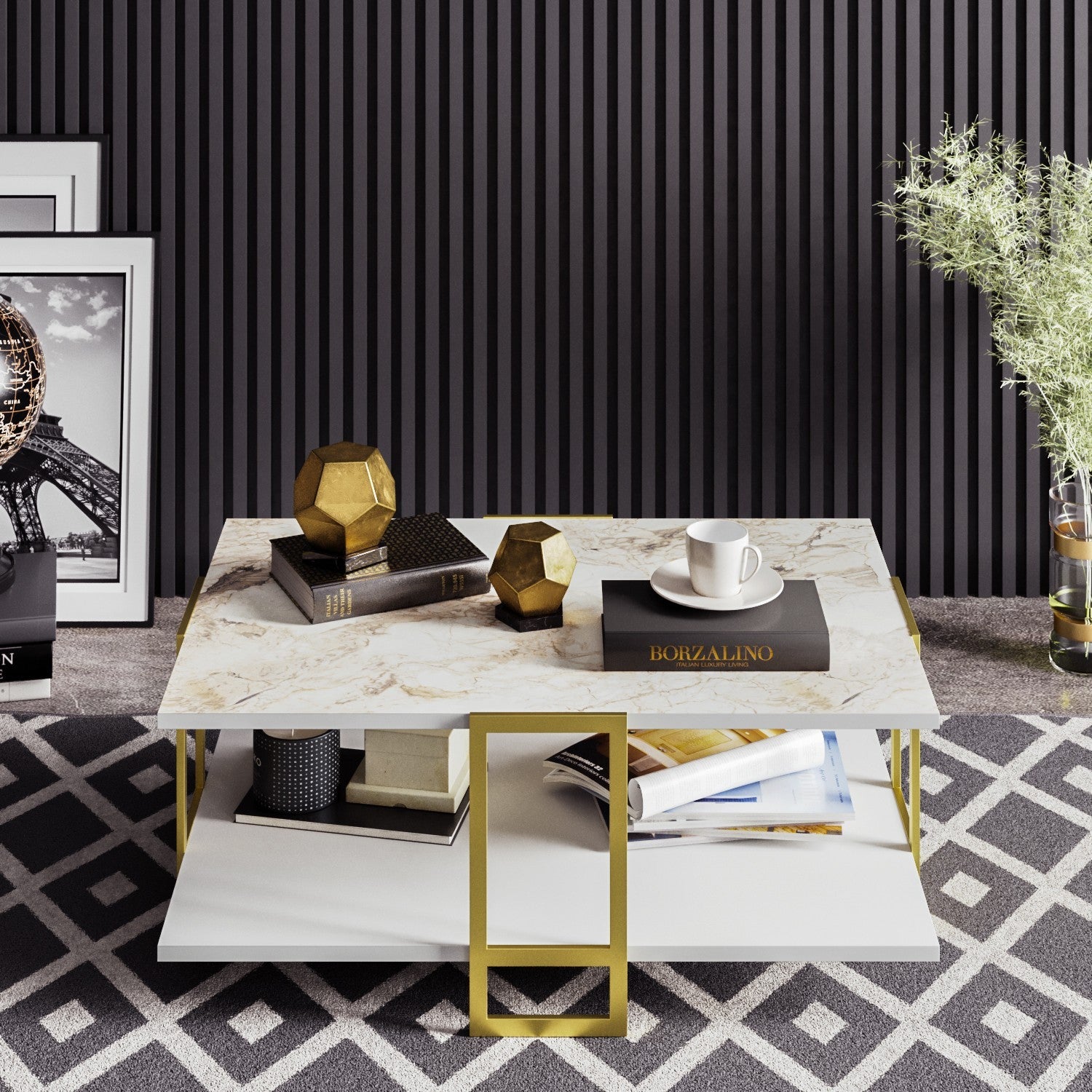 Mesa de Centro Barroca Elegante, Padrão de Mármore Dourado e Branco, 91,5 x 36,6 x 61,5 cm | Revestimento 100% melamina, Pés de Metal, Armazenamento em 2 Níveis | Design Glamouroso