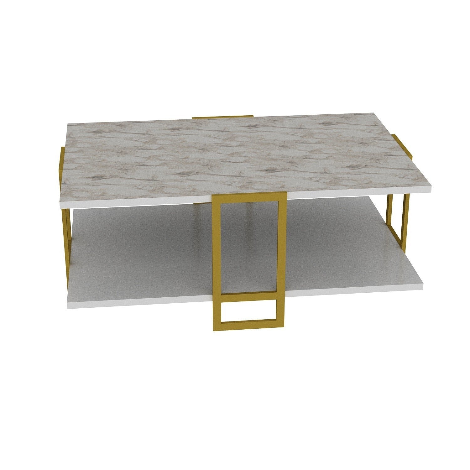 Mesa de Centro Barroca Elegante, Padrão de Mármore Dourado e Branco, 91,5 x 36,6 x 61,5 cm | Revestimento 100% melamina, Pés de Metal, Armazenamento em 2 Níveis | Design Glamouroso