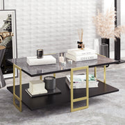 Mesa de Centro Barroca Elegante, Dourada e Preta, 91,5 x 36,6 x 61,5 cm | 100% Melamina, Pés de Metal, Design de 2 Níveis, Padrão de Mármore Elegante, Armazenamento Adicional