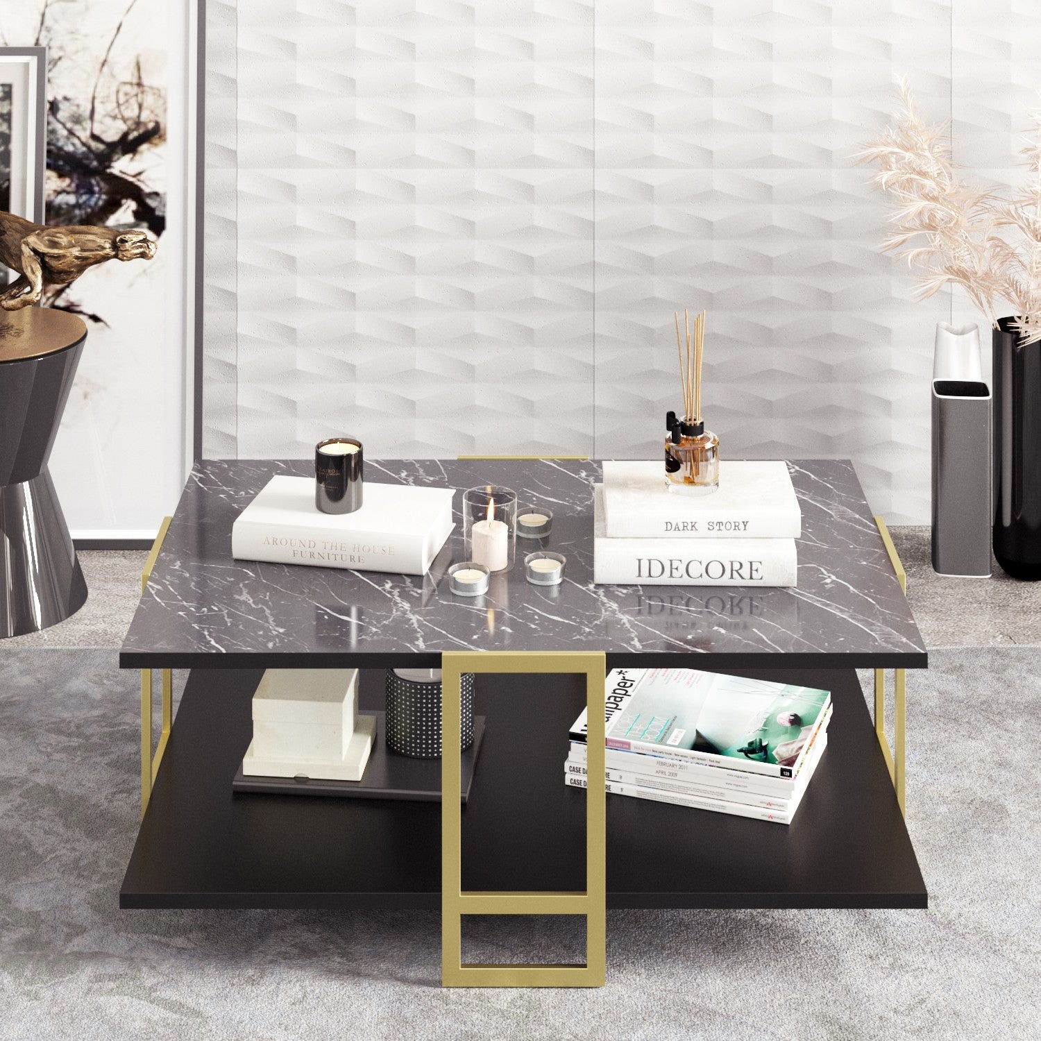 Mesa de Centro Barroca Elegante, Dourada e Preta, 91,5 x 36,6 x 61,5 cm | 100% Melamina, Pés de Metal, Design de 2 Níveis, Padrão de Mármore Elegante, Armazenamento Adicional