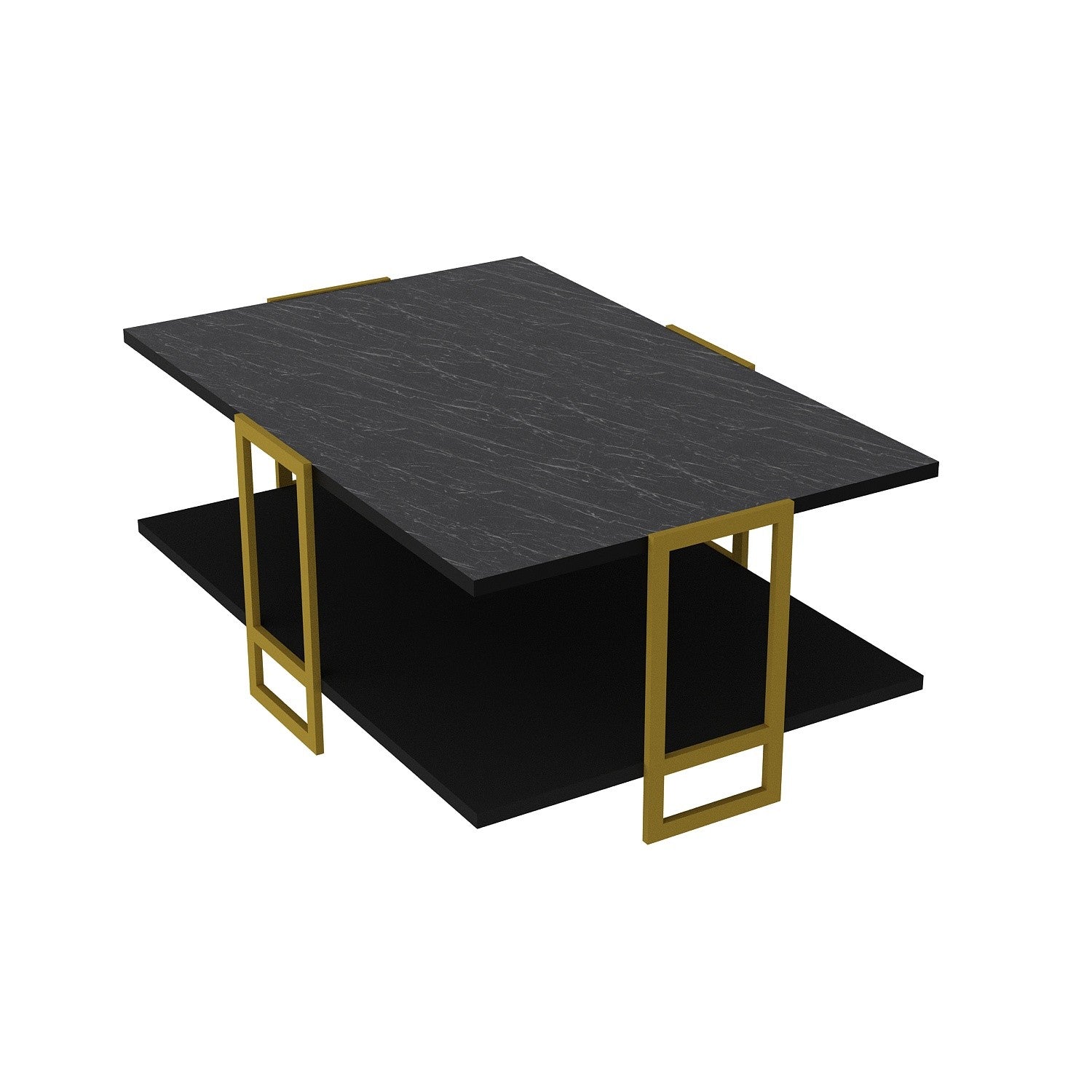 Mesa de Centro Barroca Elegante, Dourada e Preta, 91,5 x 36,6 x 61,5 cm | 100% Melamina, Pés de Metal, Design de 2 Níveis, Padrão de Mármore Elegante, Armazenamento Adicional
