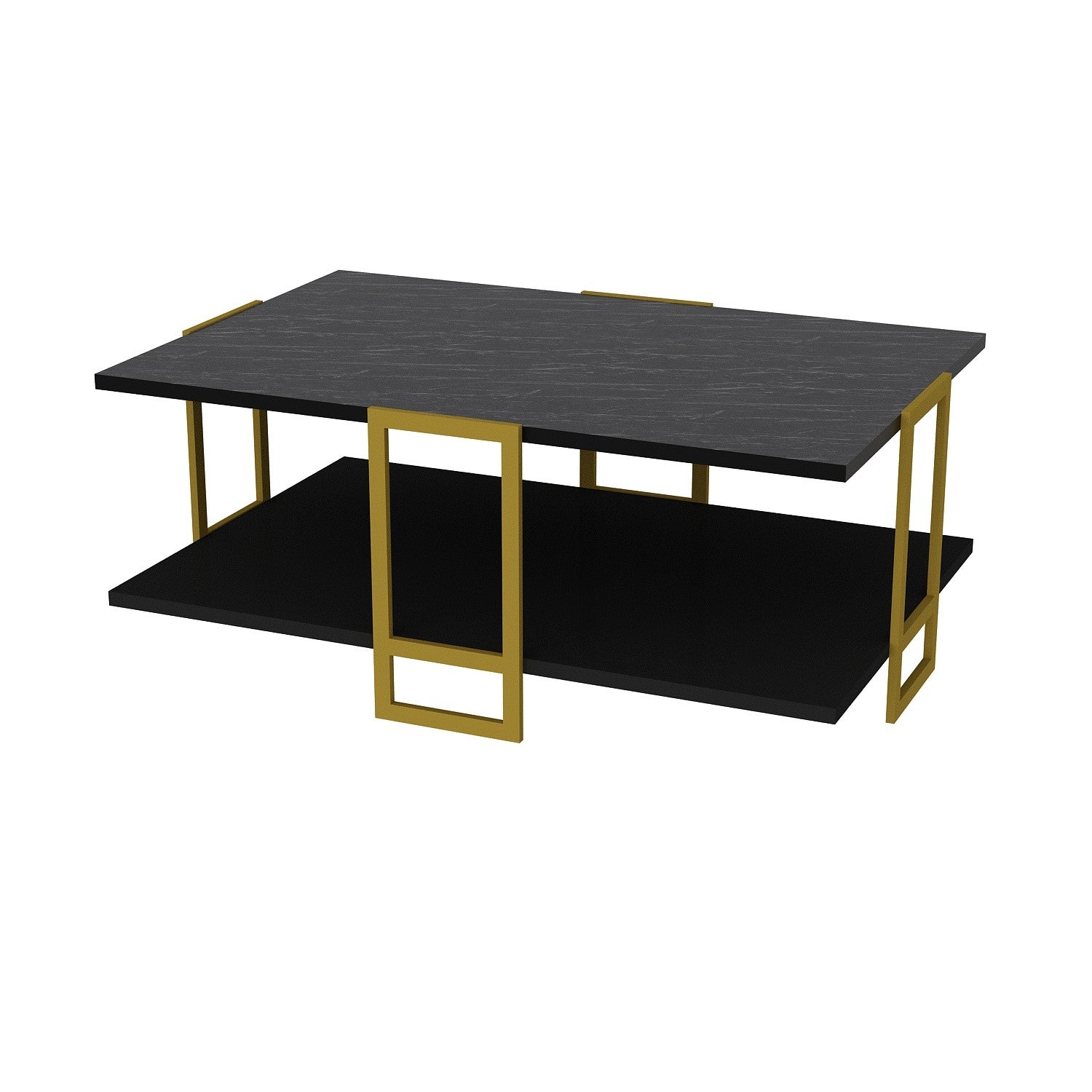 Mesa de Centro Barroca Elegante, Dourada e Preta, 91,5 x 36,6 x 61,5 cm | 100% Melamina, Pés de Metal, Design de 2 Níveis, Padrão de Mármore Elegante, Armazenamento Adicional