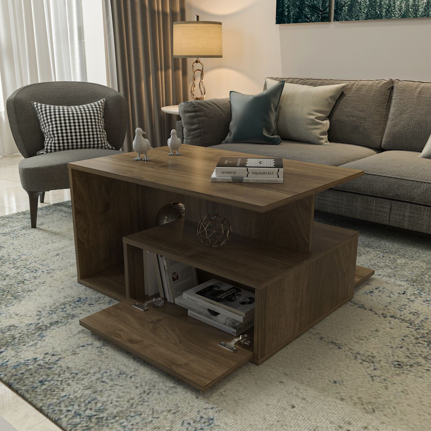 Mesa de Centro – 90cm x 48,6cm x 60cm – Nogueira – MDF