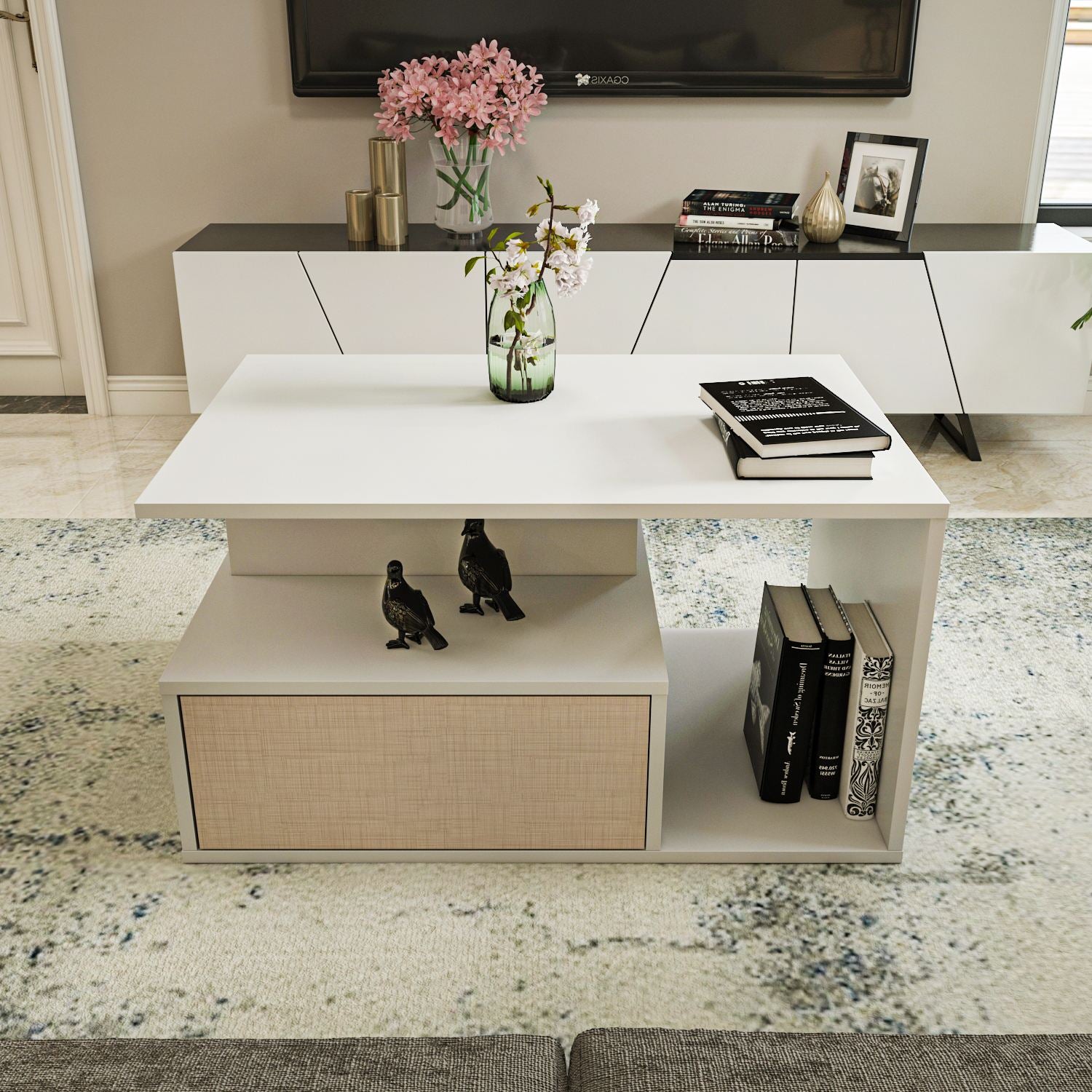 Mesa de Centro – 90cm x 48,6cm x 60cm – Bege e Branco – MDF