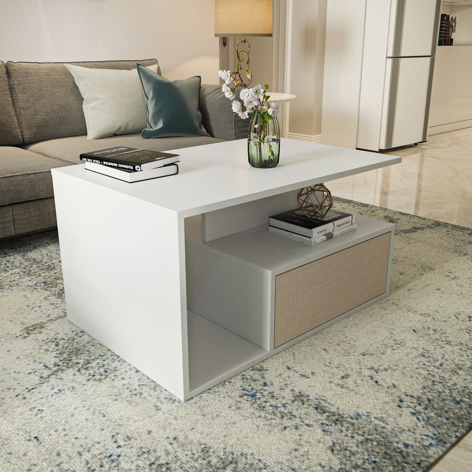Mesa de Centro – 90cm x 48,6cm x 60cm – Bege e Branco – MDF