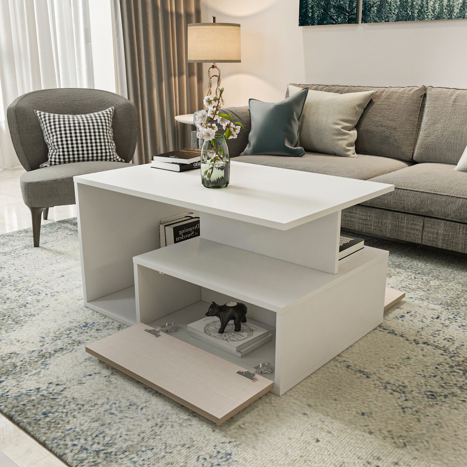 Mesa de Centro – 90cm x 48,6cm x 60cm – Bege e Branco – MDF