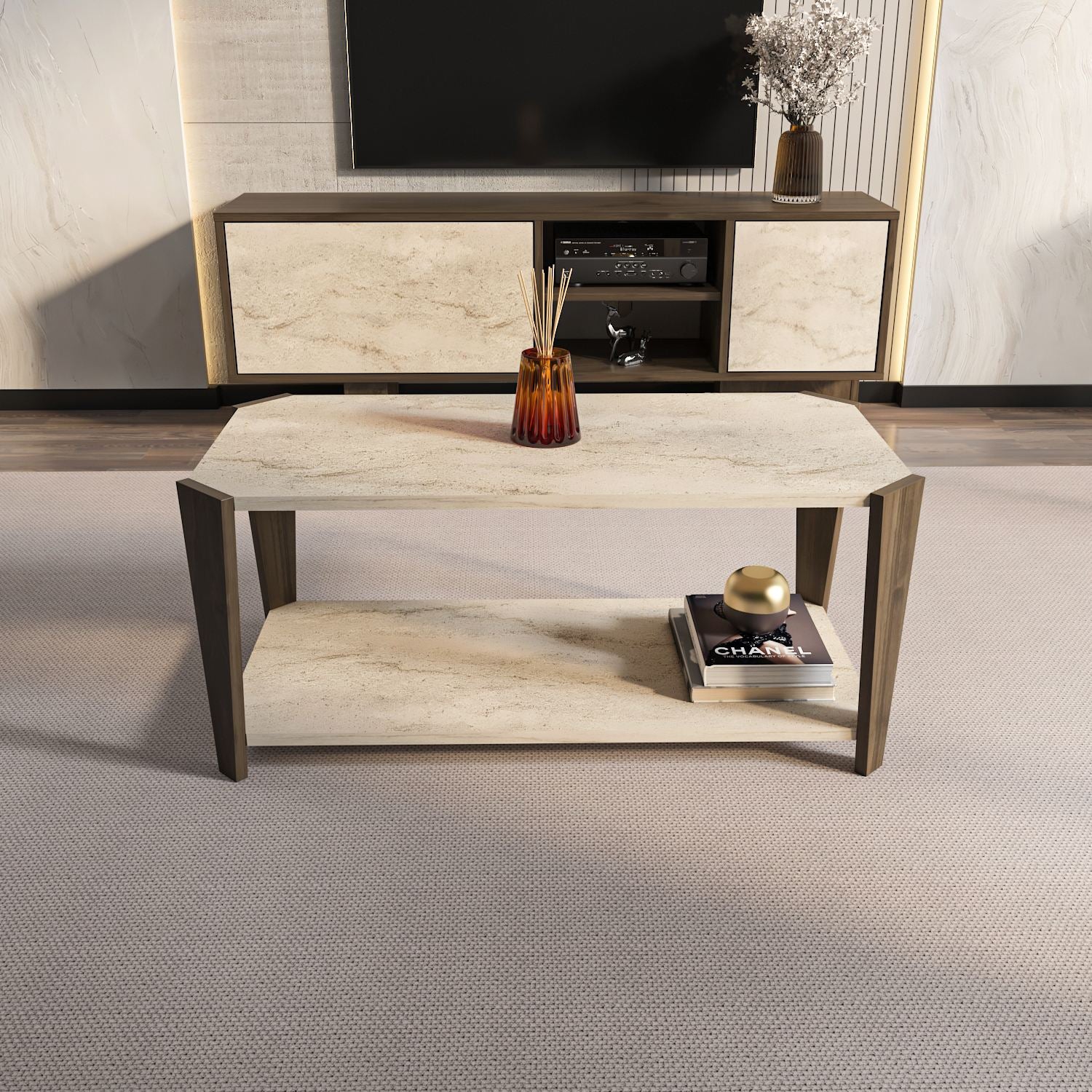 Mesa de Centro – 91cm x 40cm x 47,5cm – Noz e Travertino – Aglomerado