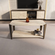 Mesa de Centro – 91cm x 40cm x 47,5cm – Noz e Travertino – Aglomerado