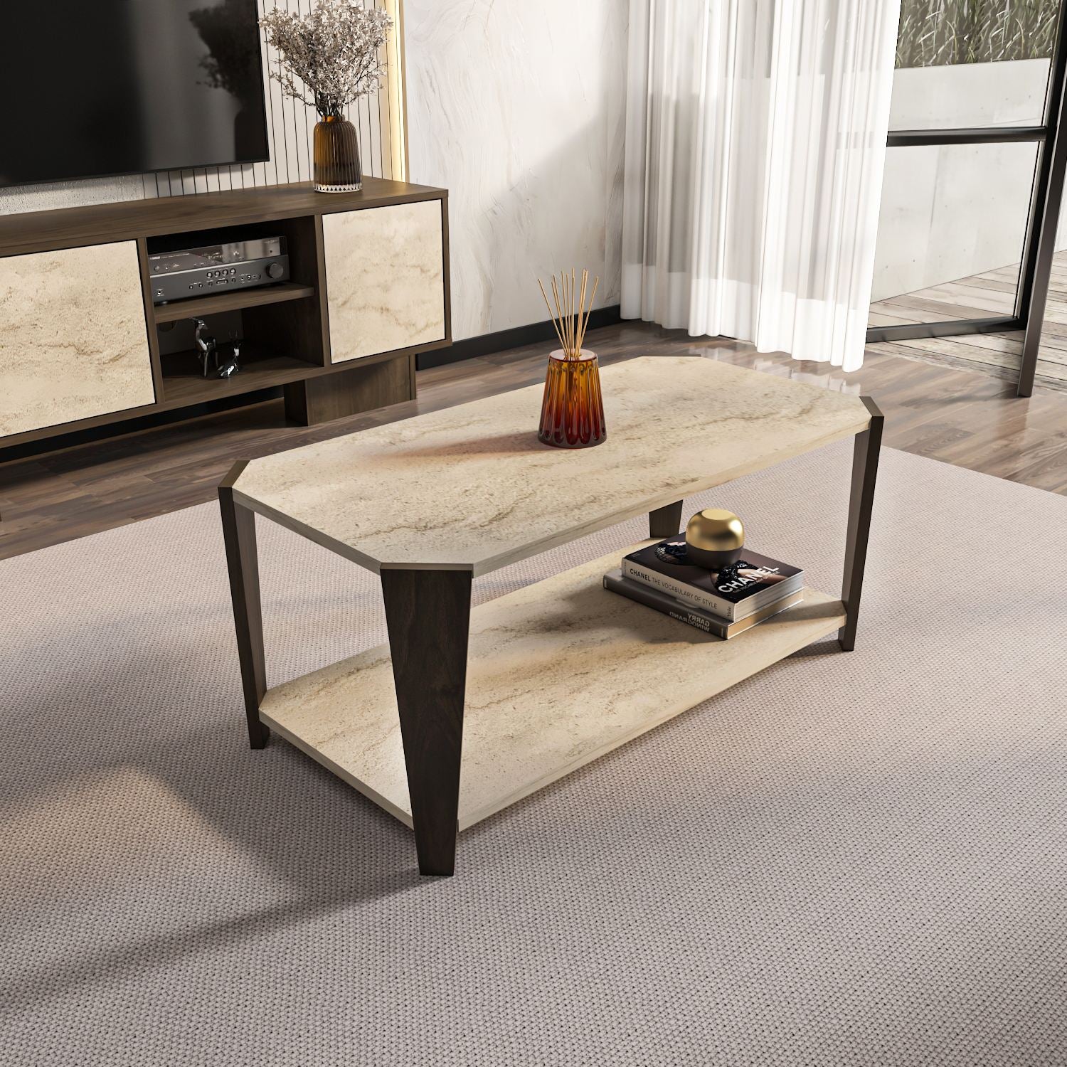 Mesa de Centro – 91cm x 40cm x 47,5cm – Noz e Travertino – Aglomerado