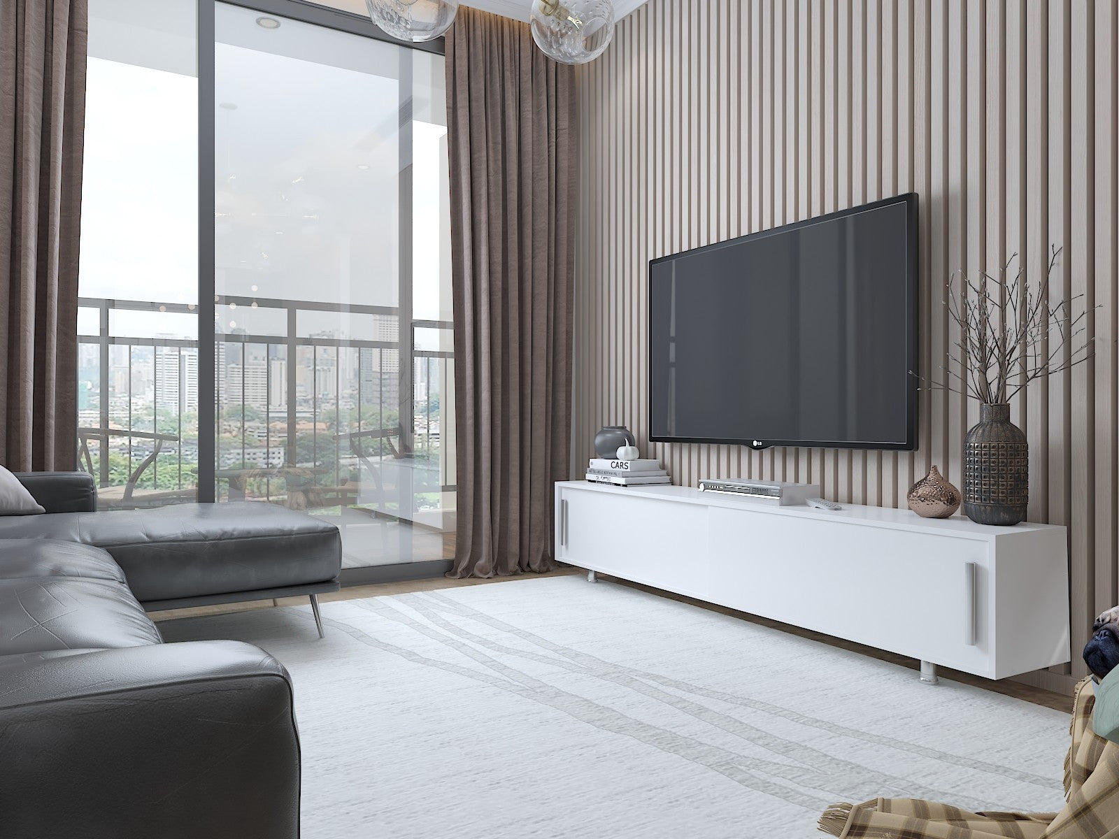 Móvel de TV moderno branco, 180 cm x 40 cm x 30 cm | Painel de partículas 100% revestido de melamina, 18 mm de espessura | Montável na parede, várias prateleiras, solução de armazenamento elegante