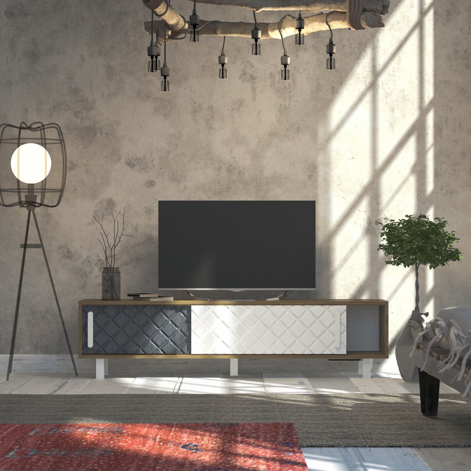 Móvel de TV moderno com portas revestidas de membrana, carvalho e branco/antracite, 180 cm | 100% revestido de melamina, 18 mm de espessura, montável na parede, solução de armazenamento elegante