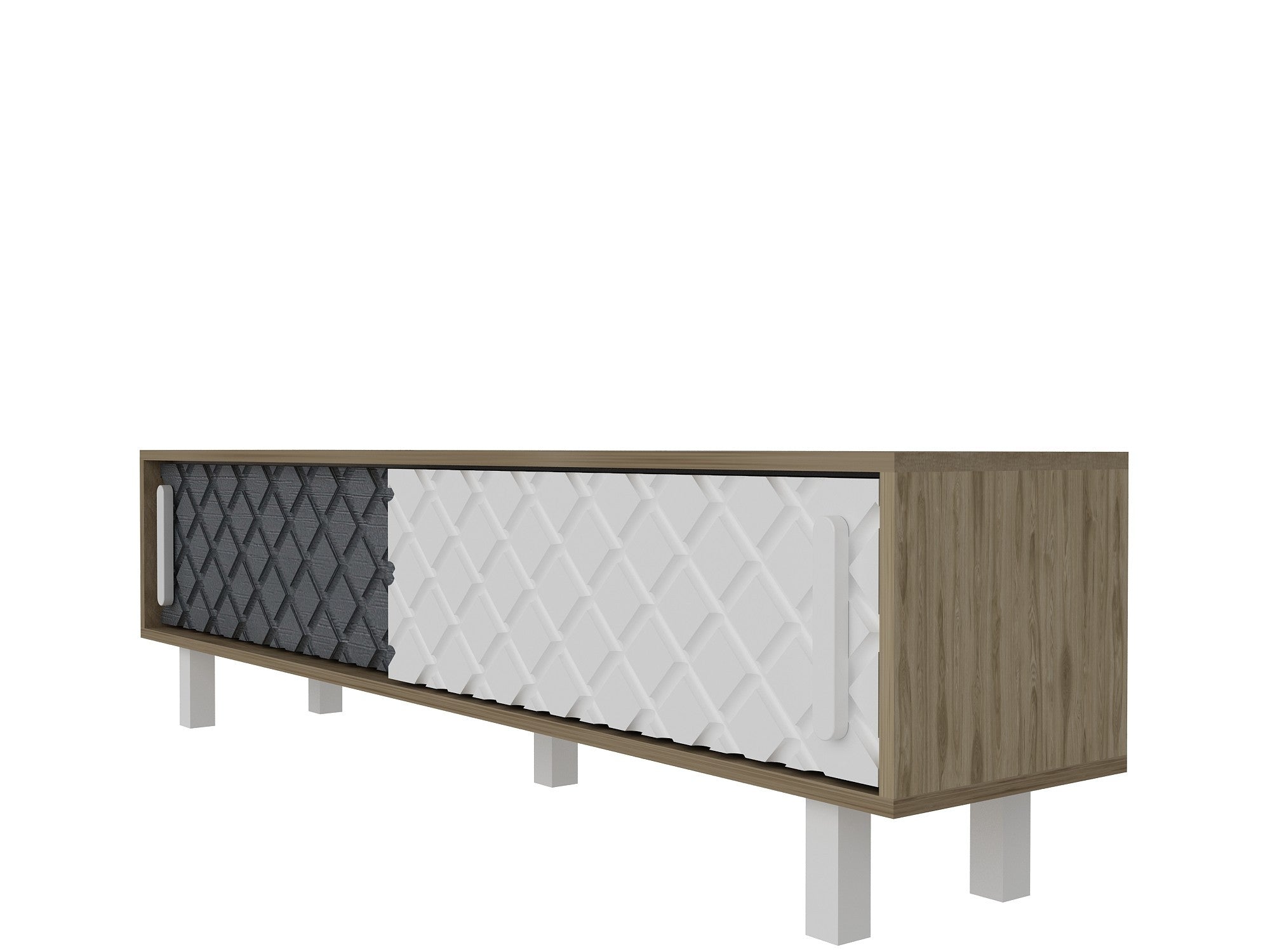 Móvel de TV moderno com portas revestidas de membrana, carvalho e branco/antracite, 180 cm | 100% revestido de melamina, 18 mm de espessura, montável na parede, solução de armazenamento elegante