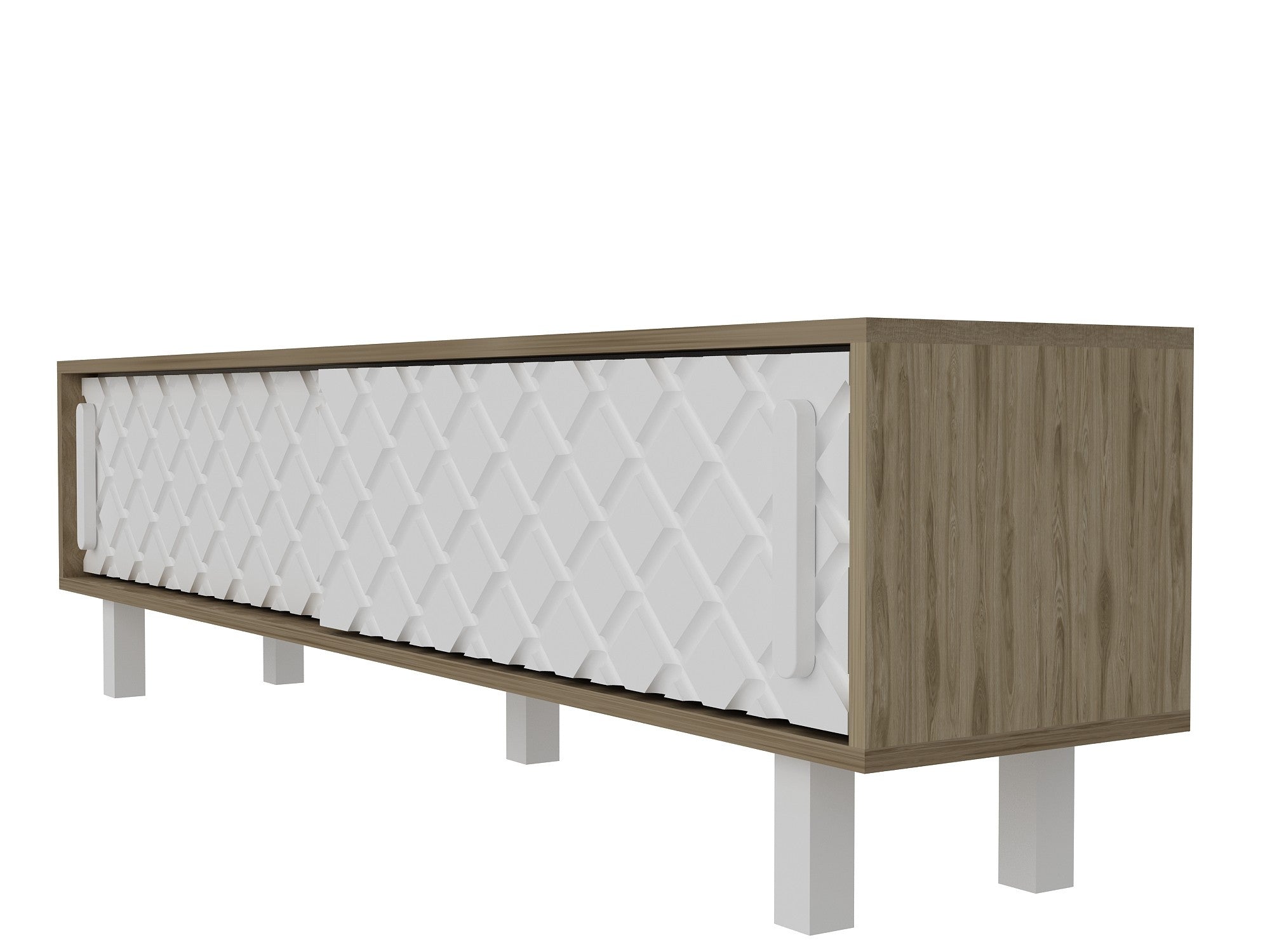 Móvel de TV moderno com portas revestidas de membrana, carvalho e branco, 180 cm | Painel de partículas 100% revestido de melamina, 18 mm de espessura | Solução de armazenamento elegante e montável na parede