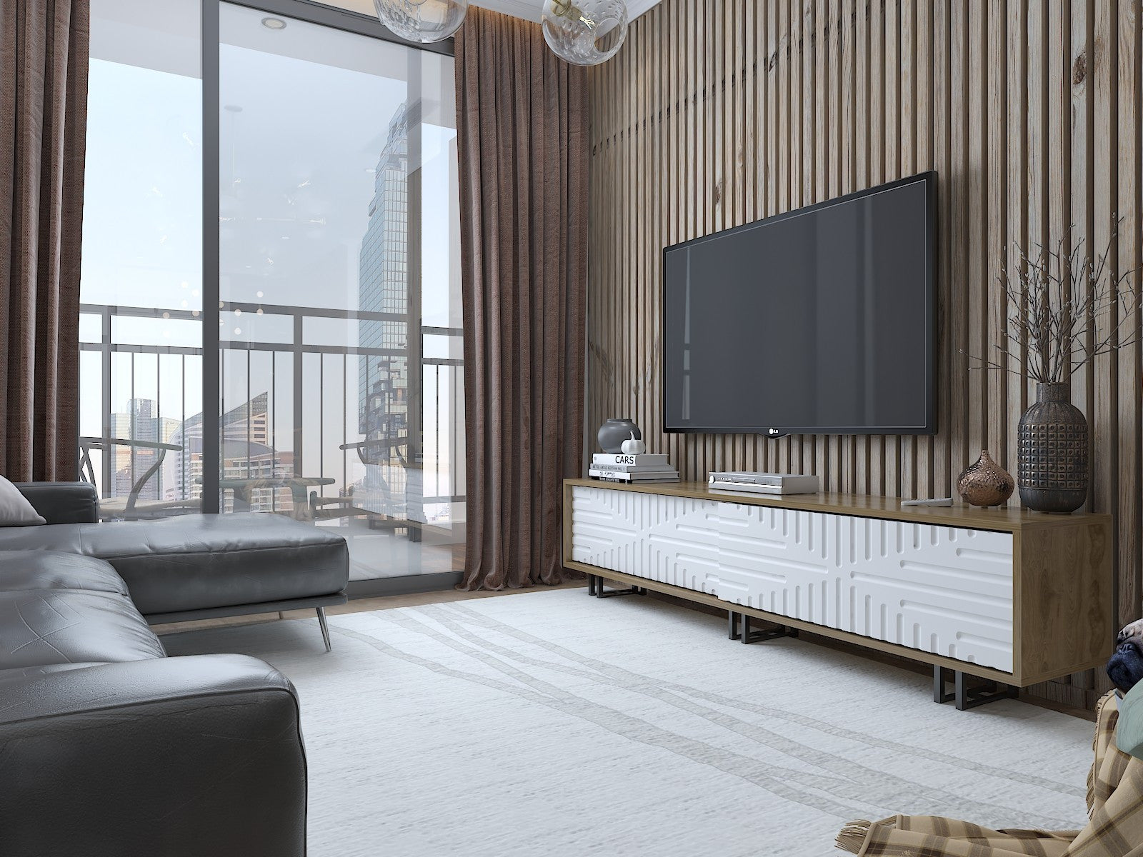 Móvel de TV moderno – 180 cm – Carvalho e Branco – Metal e Painéis de Partículas