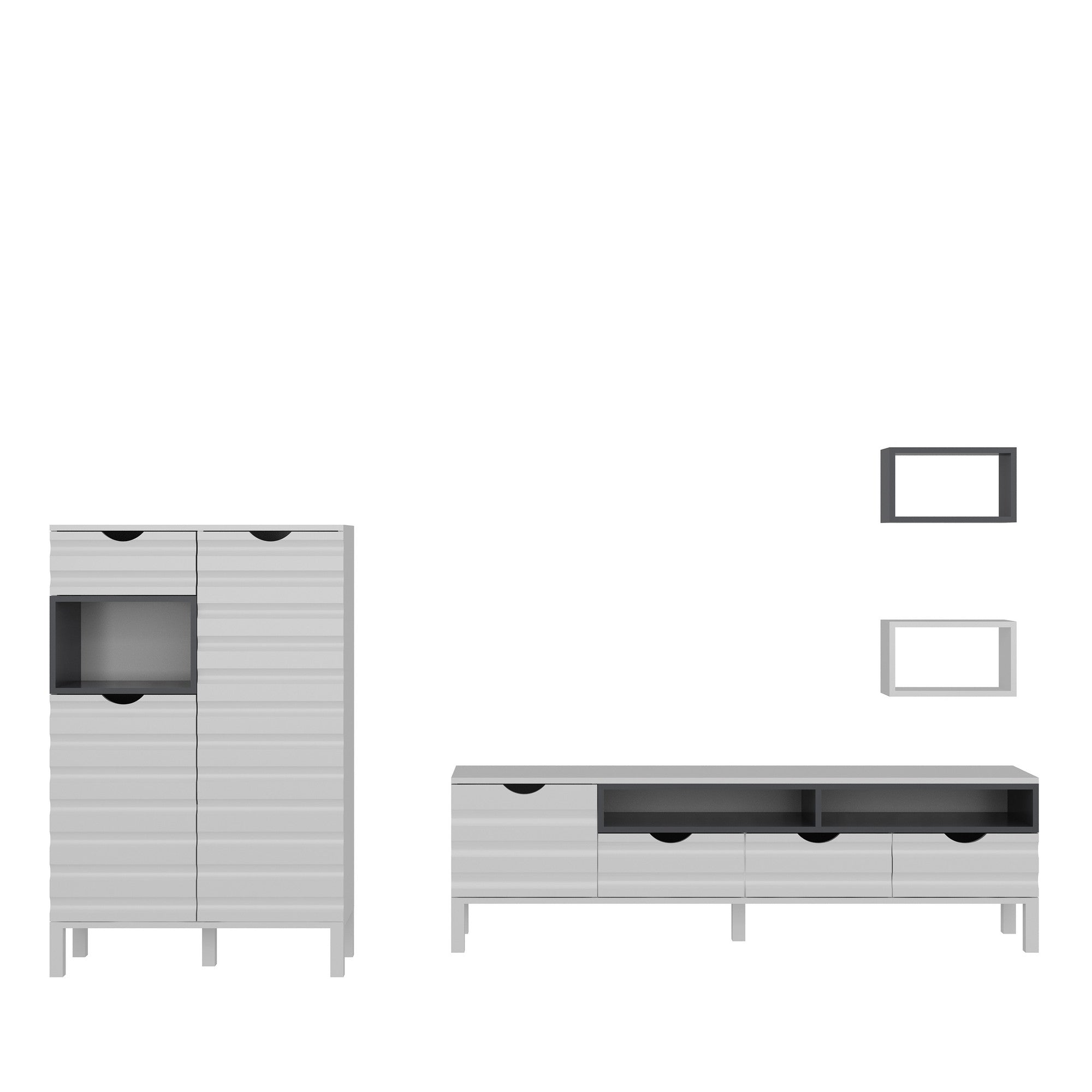 Móvel de TV moderno, branco e antracite, 180 cm | 100% revestido em melamina, 18 mm de espessura | Montável na parede, várias prateleiras, solução de armazenamento elegante