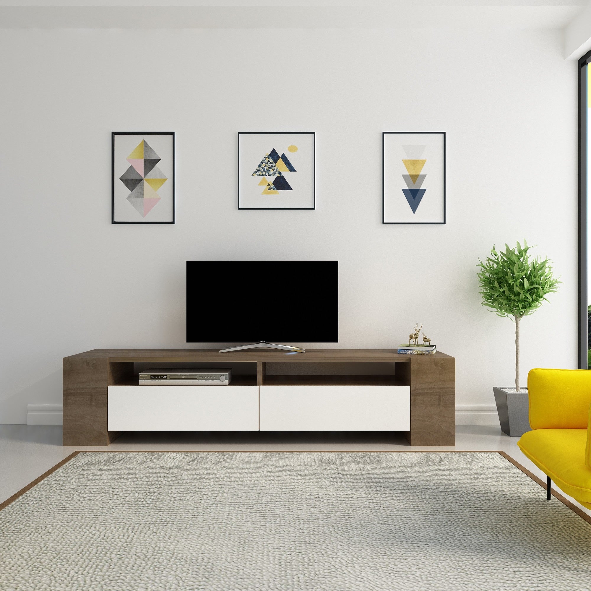 Móvel de TV moderno com armazenamento, nogueira e branco, 155 x 35 x 35 cm | Painel de partículas 100% revestido de melamina, 18 mm de espessura | Design elegante com várias prateleiras