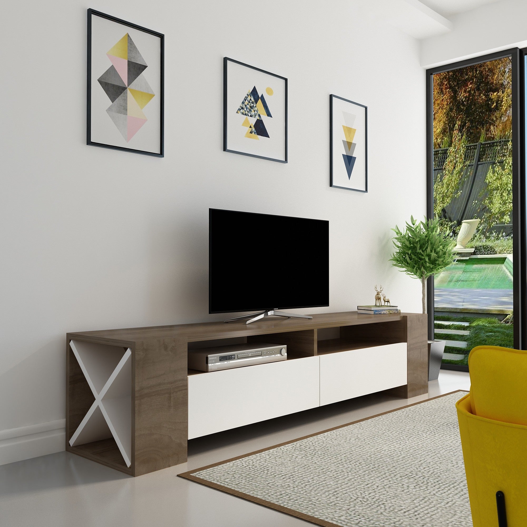 Móvel de TV moderno com armazenamento, nogueira e branco, 155 x 35 x 35 cm | Painel de partículas 100% revestido de melamina, 18 mm de espessura | Design elegante com várias prateleiras