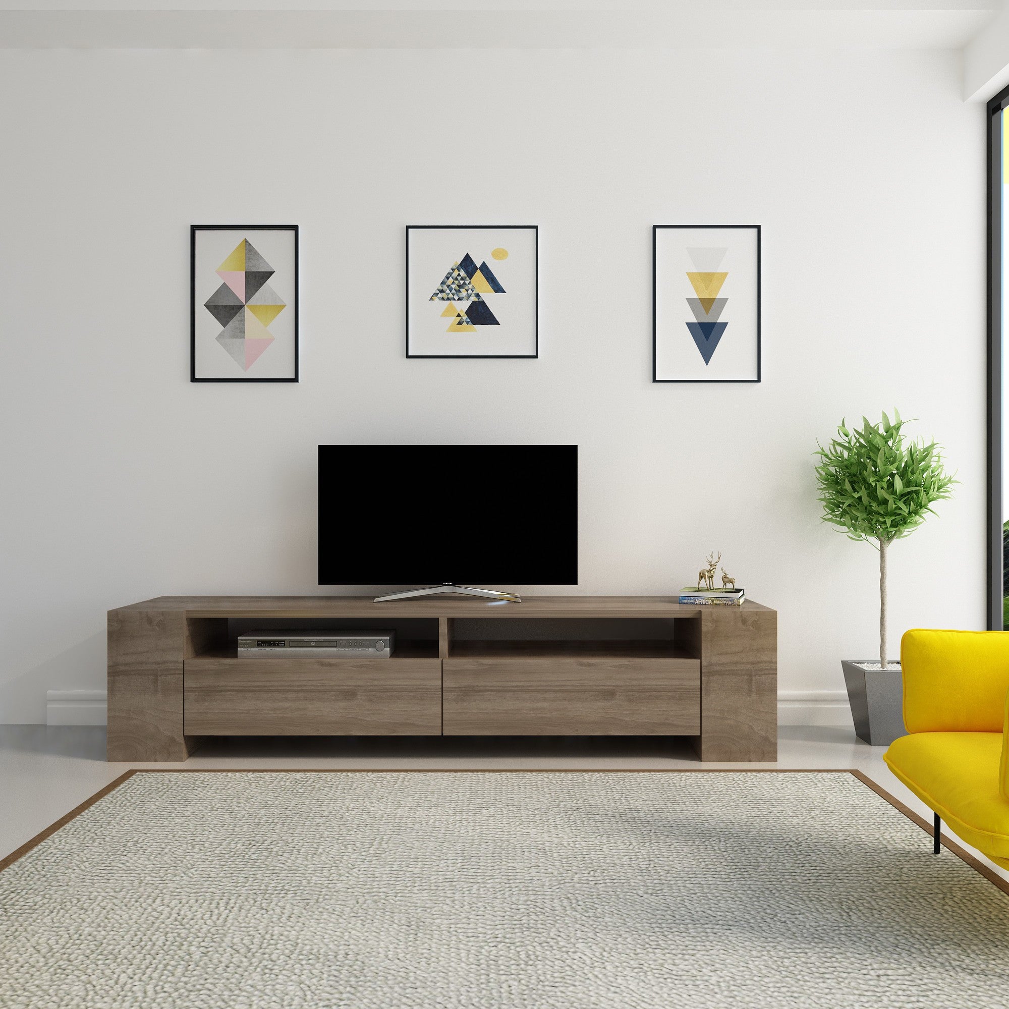 Móvel de TV moderno em nogueira, 155 cm de largura, 35 cm de altura | Painel de partículas 100% revestido em melamina, 18 mm de espessura | Várias prateleiras e espaço de armazenamento, design elegante