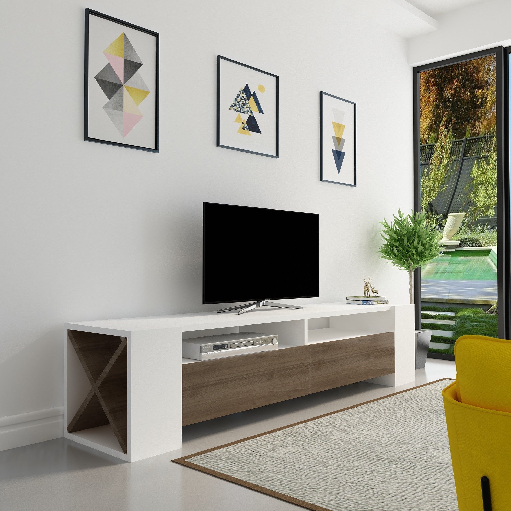 Móvel de TV moderno com armazenamento, nogueira e branco, 155 x 35 x 35 cm | Painel de partículas 100% revestido de melamina, 18 mm de espessura | Design elegante com várias prateleiras