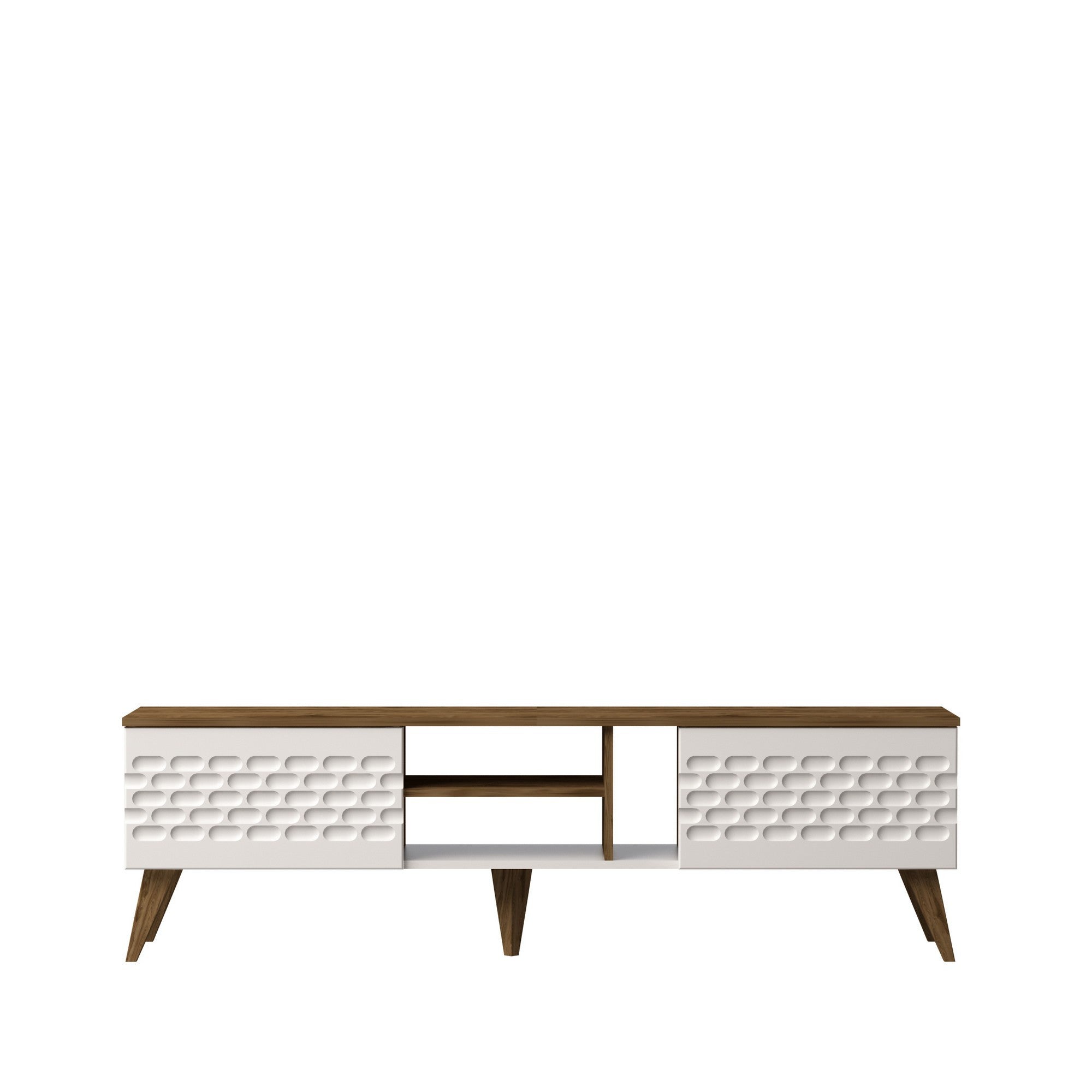 Móvel de TV moderno com opção de montagem na parede, branco e nogueira, 180 cm x 53 cm x 35 cm | 100% revestido em melamina, 18 mm de espessura | Solução de armazenamento elegante para salas de estar