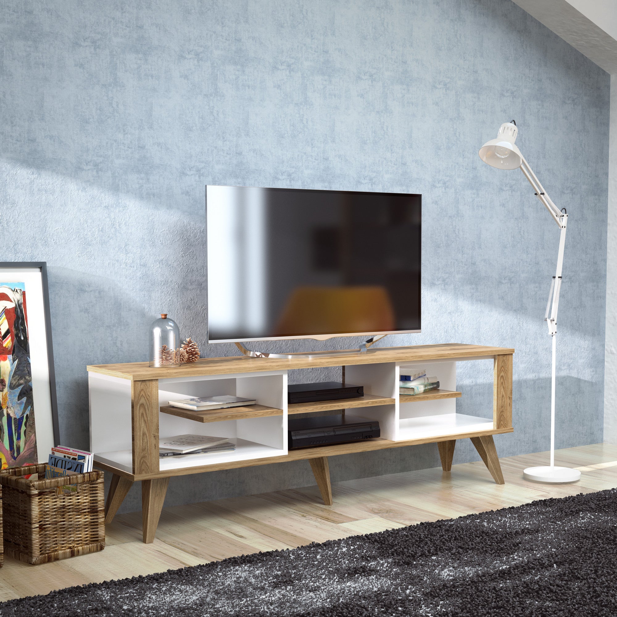 Móvel de TV moderno com opção de montagem na parede, carvalho e branco, 160 cm x 52,5 cm x 35 cm | 100% revestido em melamina, 18 mm de espessura | Solução de armazenamento elegante para salas de estar