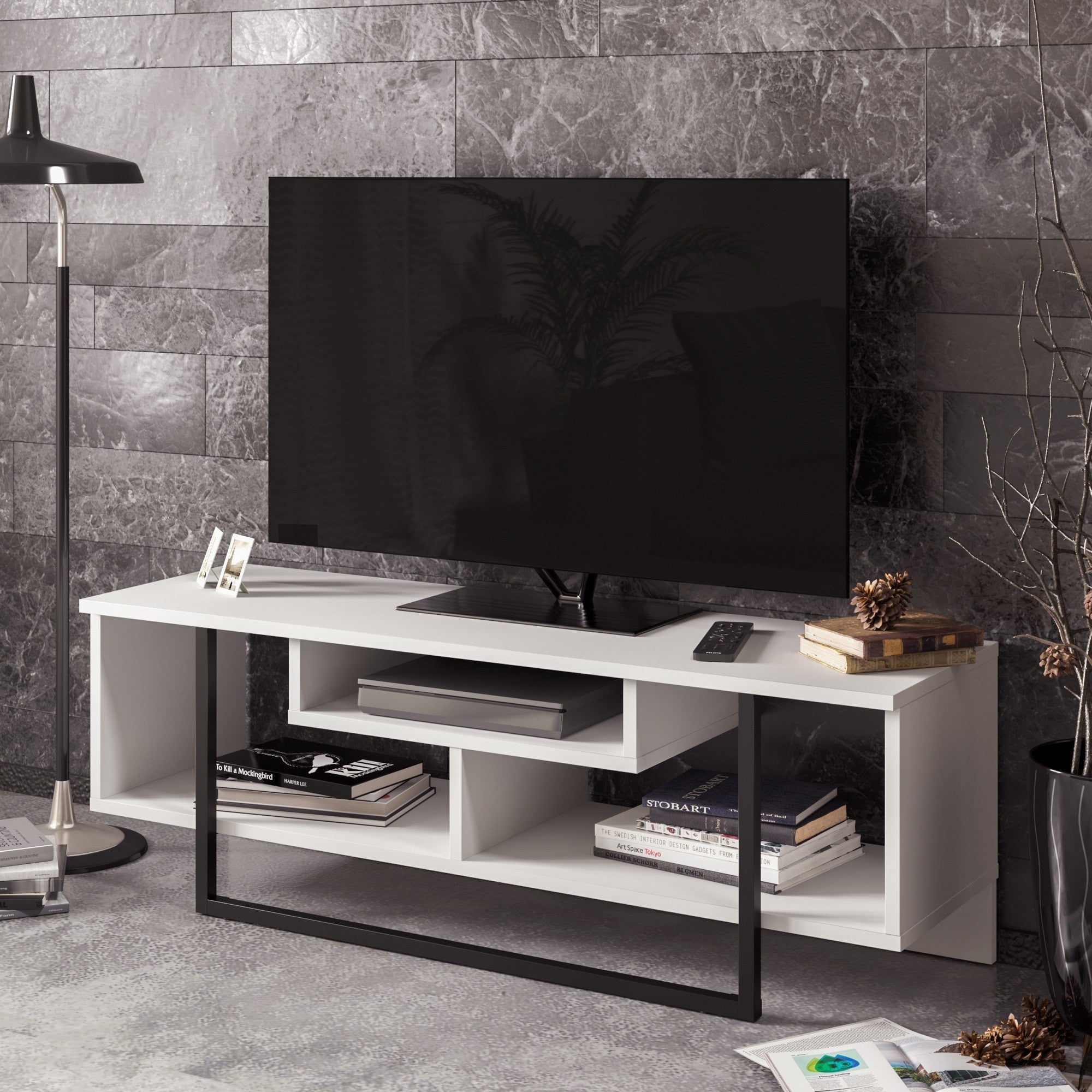 Móvel de TV moderno com opção de montagem na parede, branco e preto, 119,4 x 40,2 x 35,2 cm | 100% revestido em melamina, 18 mm de espessura | Solução de armazenamento elegante