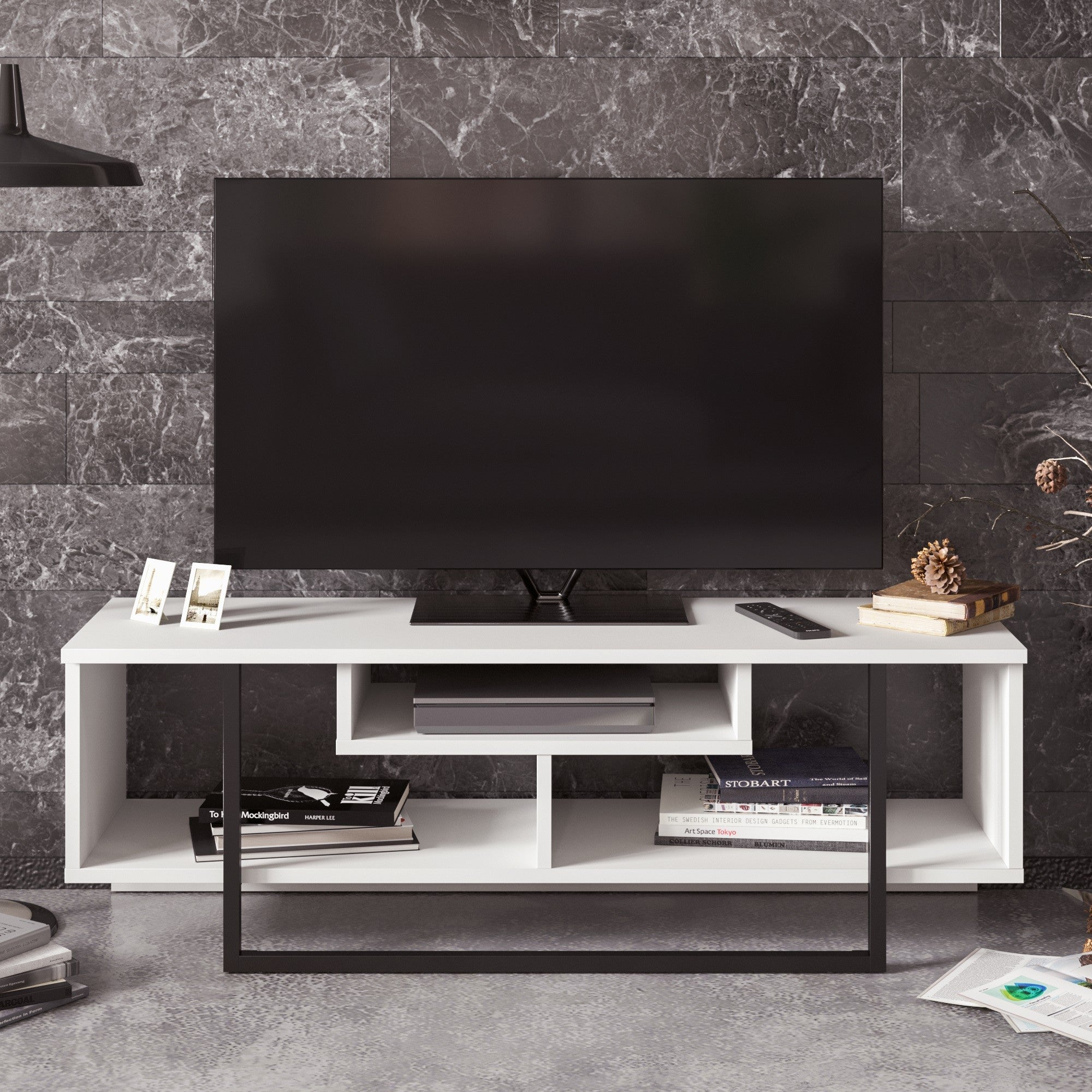 Móvel de TV moderno com opção de montagem na parede, branco e preto, 119,4 x 40,2 x 35,2 cm | 100% revestido em melamina, 18 mm de espessura | Solução de armazenamento elegante