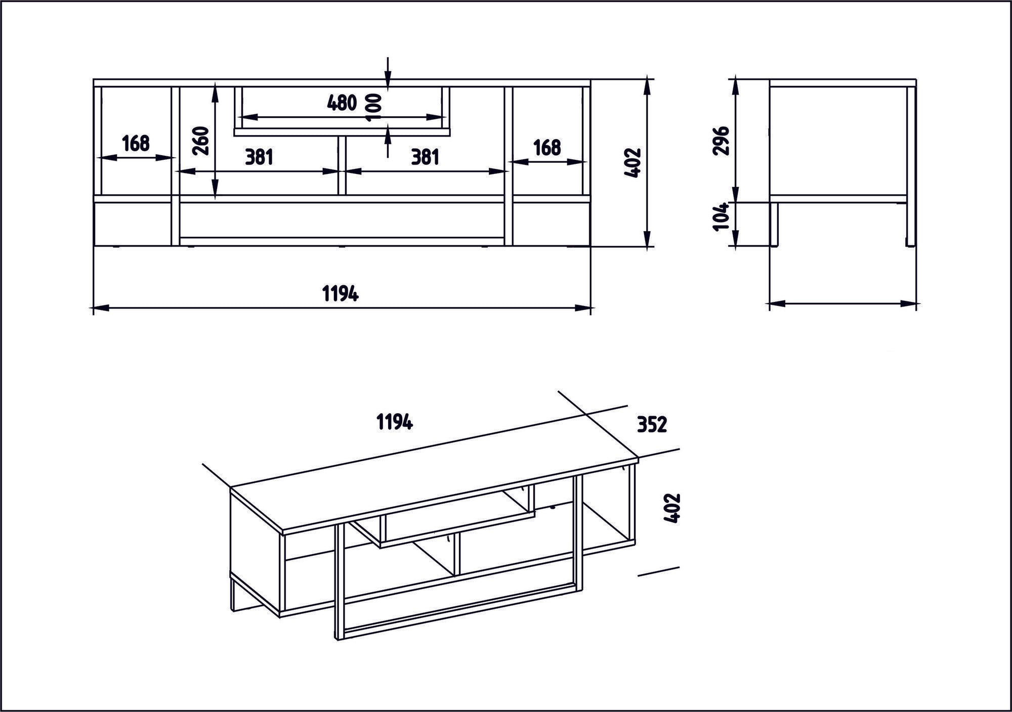 Móvel de TV moderno com opção de montagem na parede, branco e preto, 119,4 x 40,2 x 35,2 cm | 100% revestido em melamina, 18 mm de espessura | Solução de armazenamento elegante