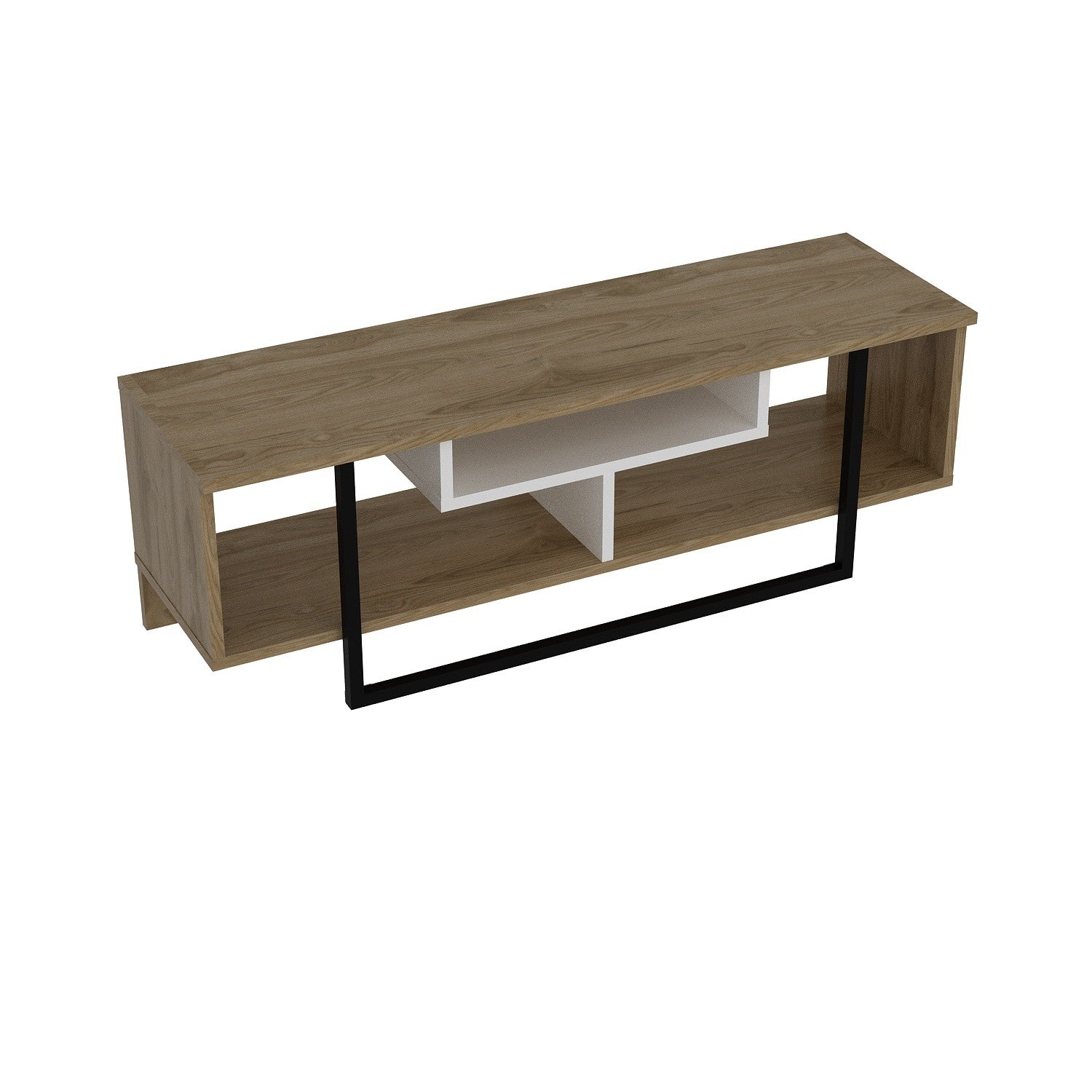 Móvel de TV moderno com opção de montagem na parede, 119,4 cm, branco/preto/carvalho | 100% revestido em melamina, 18 mm de espessura | Design elegante com várias prateleiras e espaço de armazenamento