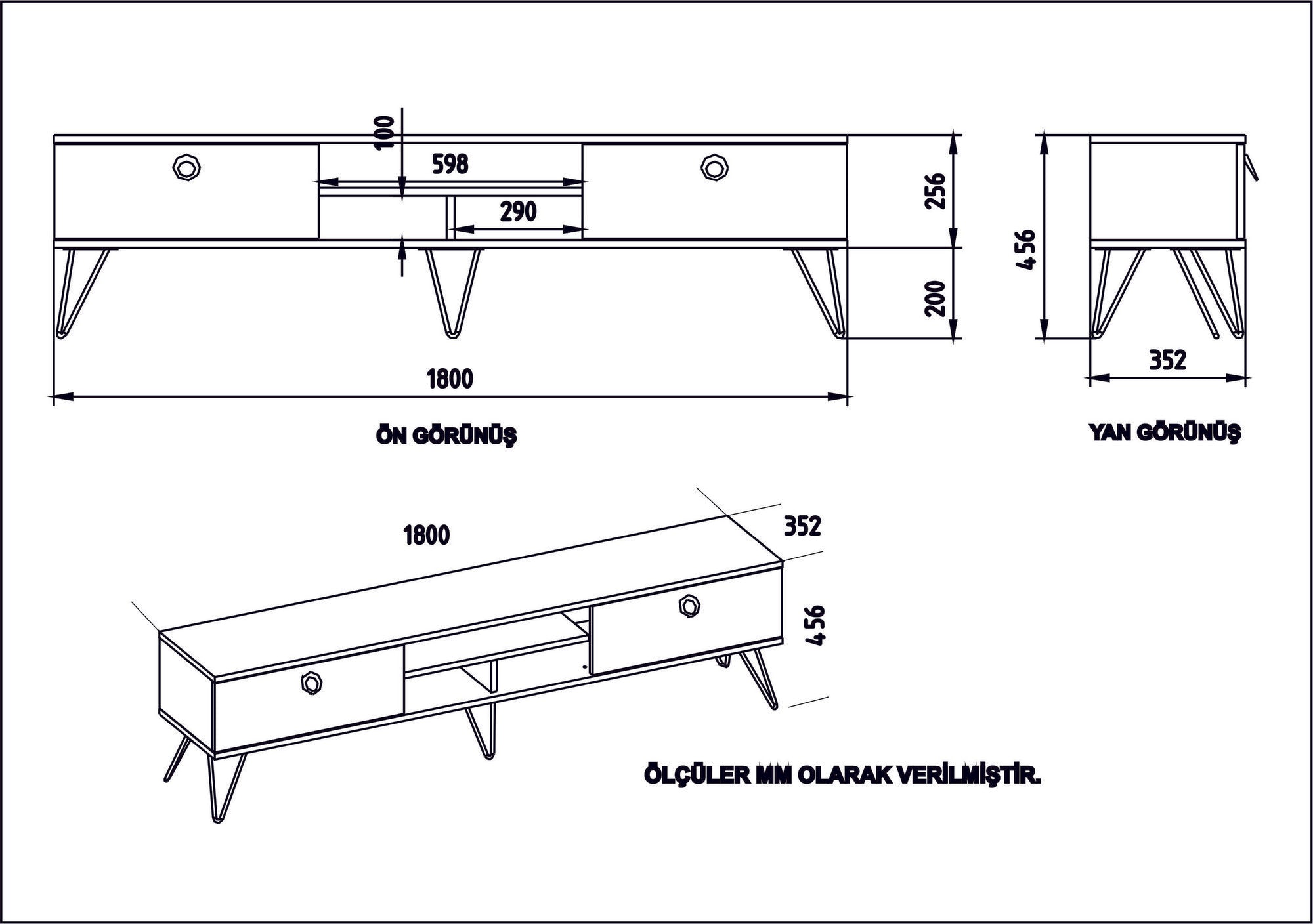 Móvel de TV moderno com pés de metal, nogueira e preto, 180 cm | Painel de partículas 100% revestido de melamina, 18 mm de espessura | Solução de armazenamento elegante e montável na parede