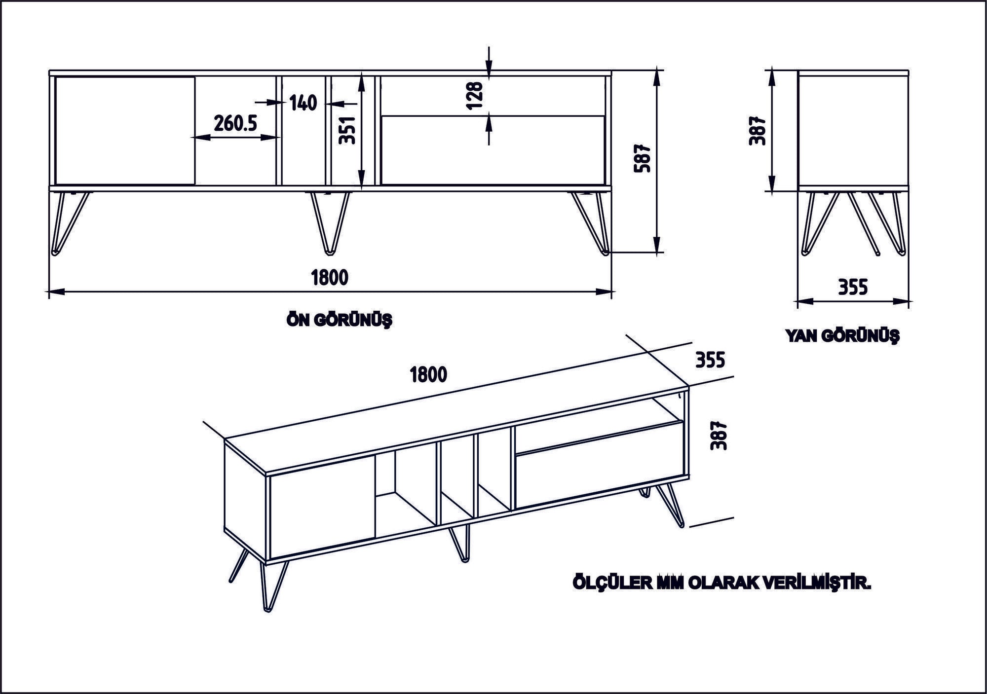 Móvel de TV moderno com pernas de metal, nogueira e preto/branco, 180 cm | 100% revestido em melamina, 18 mm de espessura | Montável na parede, várias prateleiras, solução de armazenamento elegante