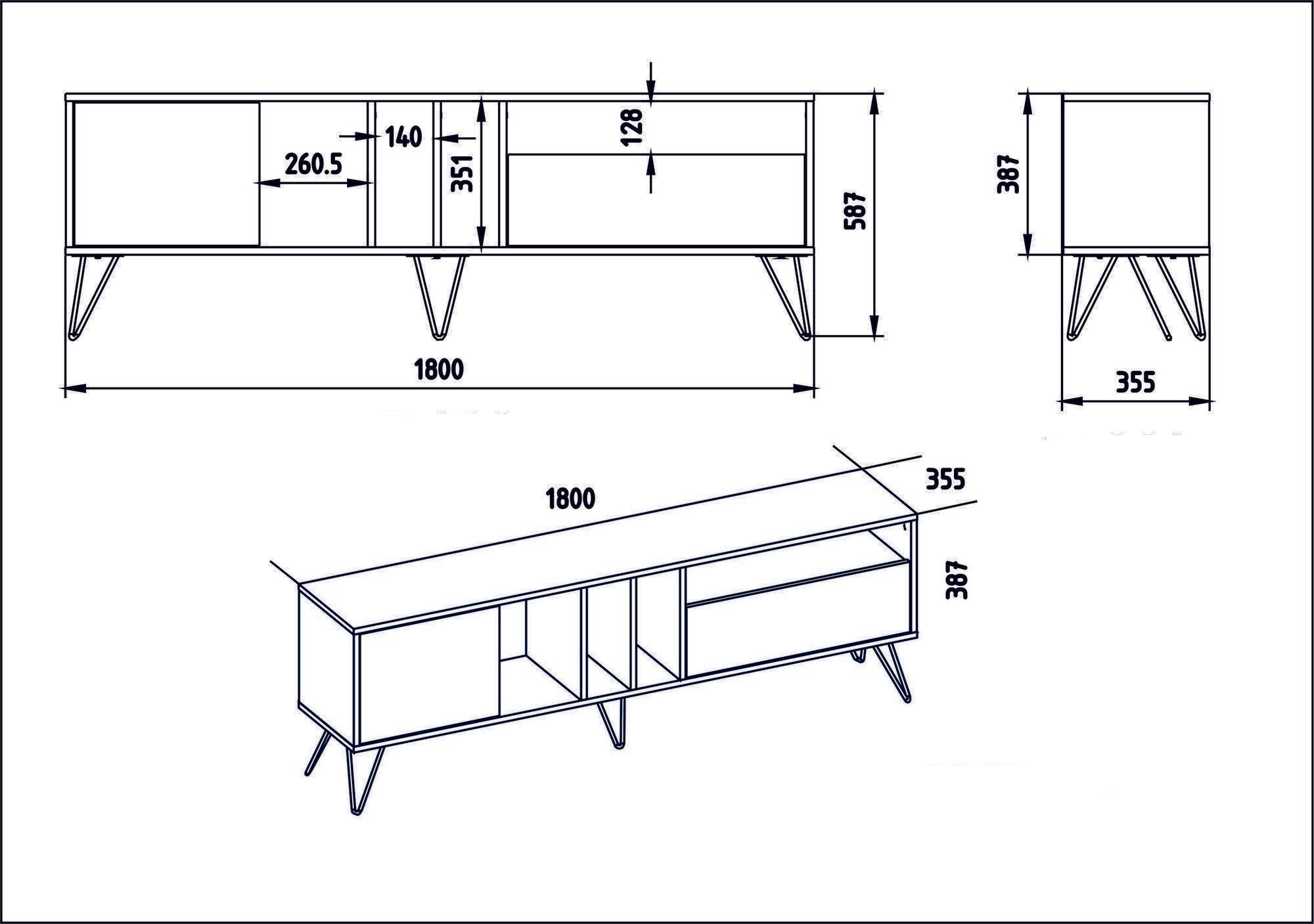 Móvel de TV moderno – 180 cm – nogueira e preto – painel de partículas revestido de melamina