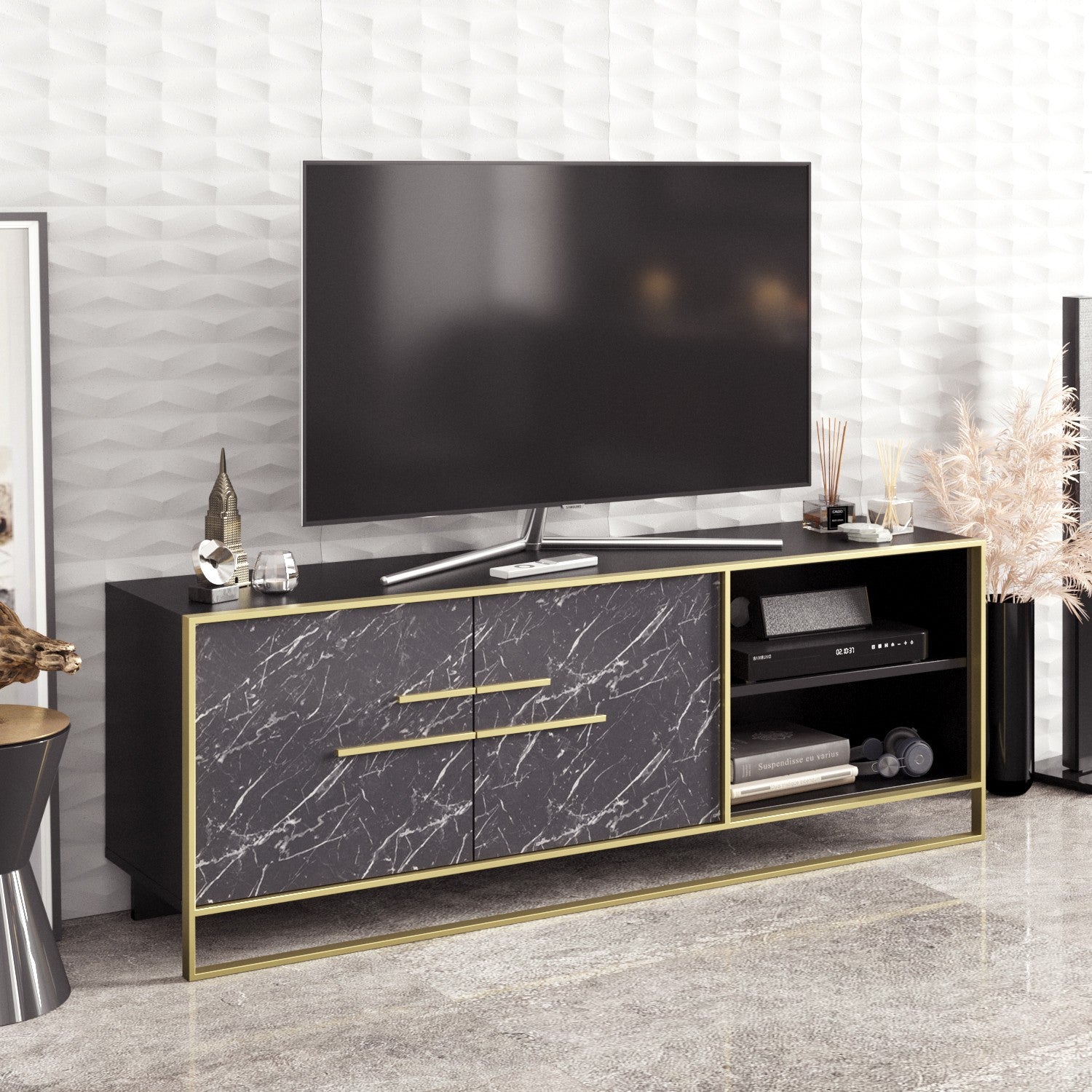 Móvel de TV com padrão de mármore dourado e preto, 160 cm | Painel de partículas 100% revestido de melamina, 18 mm de espessura | Montável na parede, várias prateleiras, design barroco glamouroso