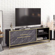 Móvel de TV com padrão de mármore dourado e preto, 160 cm | Painel de partículas 100% revestido de melamina, 18 mm de espessura | Montável na parede, várias prateleiras, design barroco glamouroso