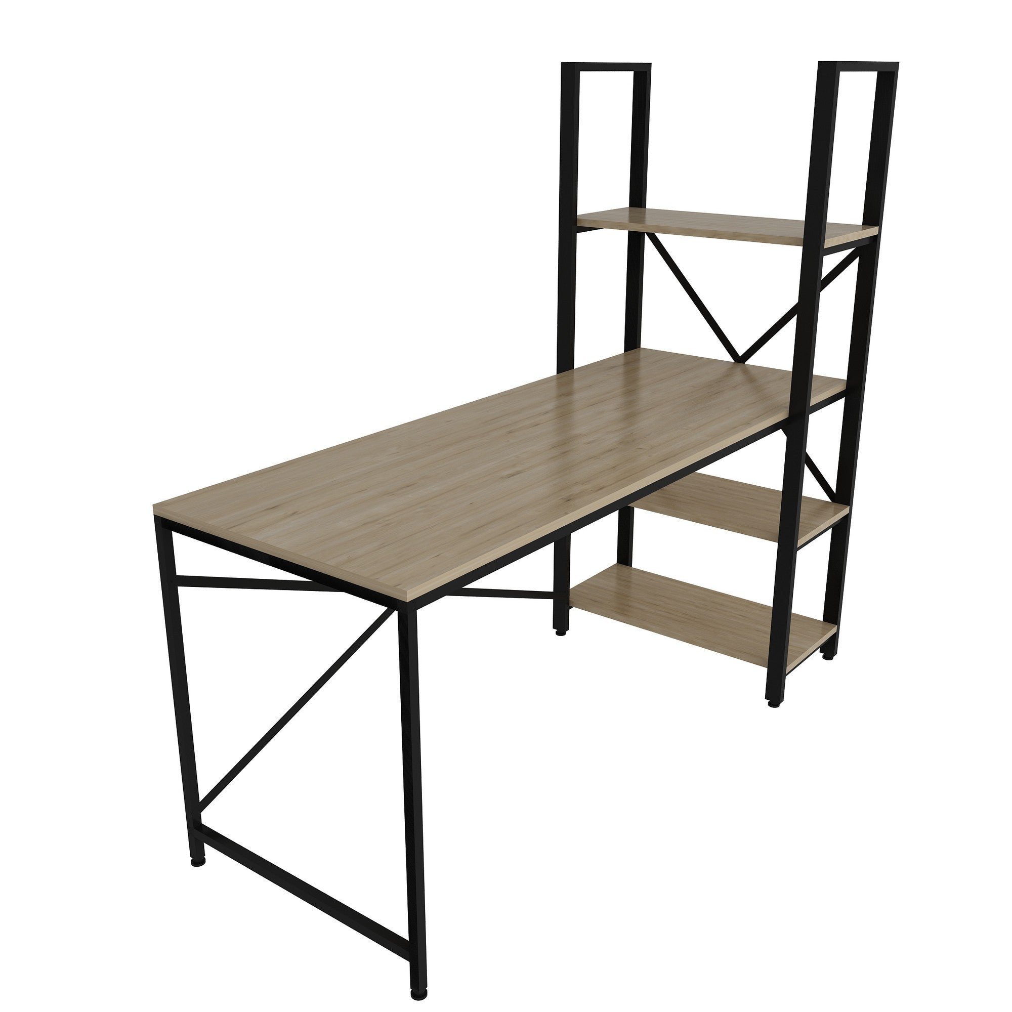 Secretária de Estudo/Escritório moderna com estante, carvalho e preto, 160 x 148 x 60 cm | 100% revestida em melamina, estrutura de metal, várias prateleiras para armazenamento extra
