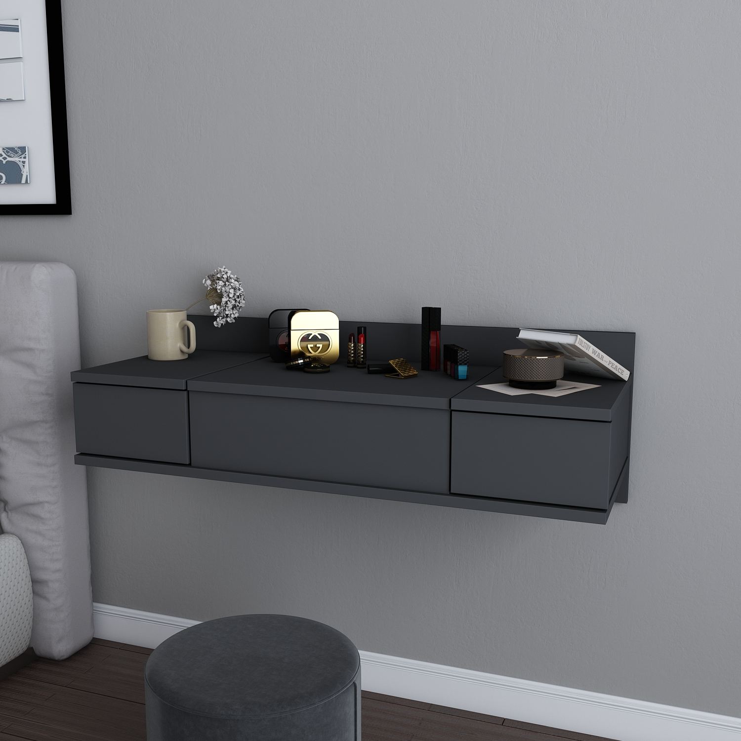 Toucador – 100cm x 62cm x 38,9cm – Antracite – Aglomerado revestido de melamina